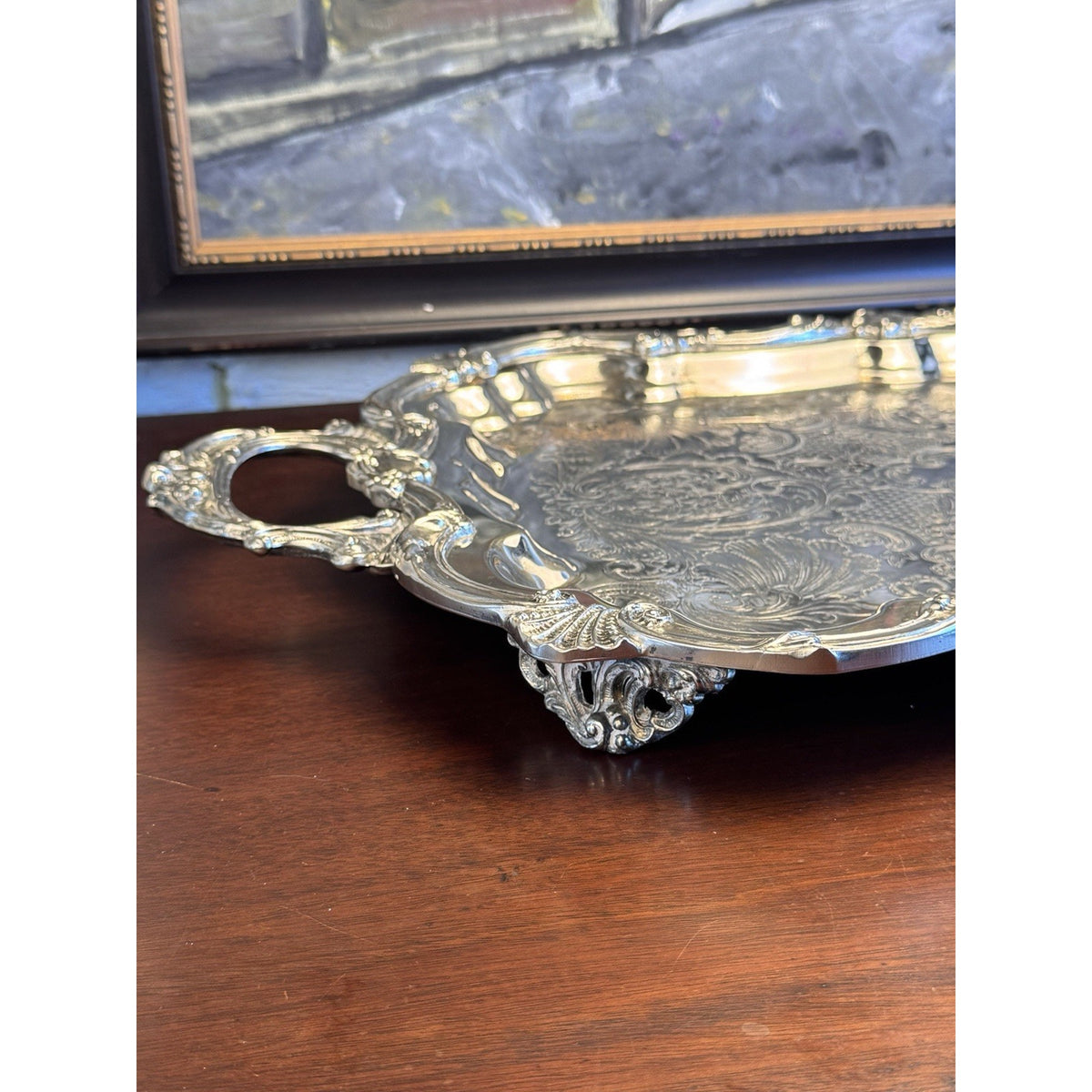 Silverplate Serving Tray Large Footed Serpentine Handled Shell Chased VINTAGE