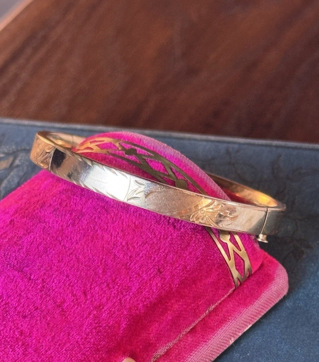 Gold-Filled Bangle Bracelet Engraved Leaf Design No Monogram Signed WEH GF 6.75”