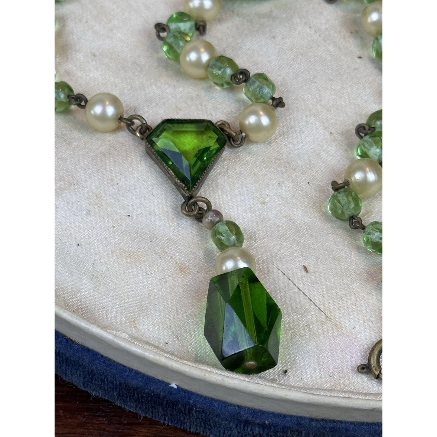 Vintage Czech Style Glass Necklace Green Crystal Faux Pearl Lavalier 17”