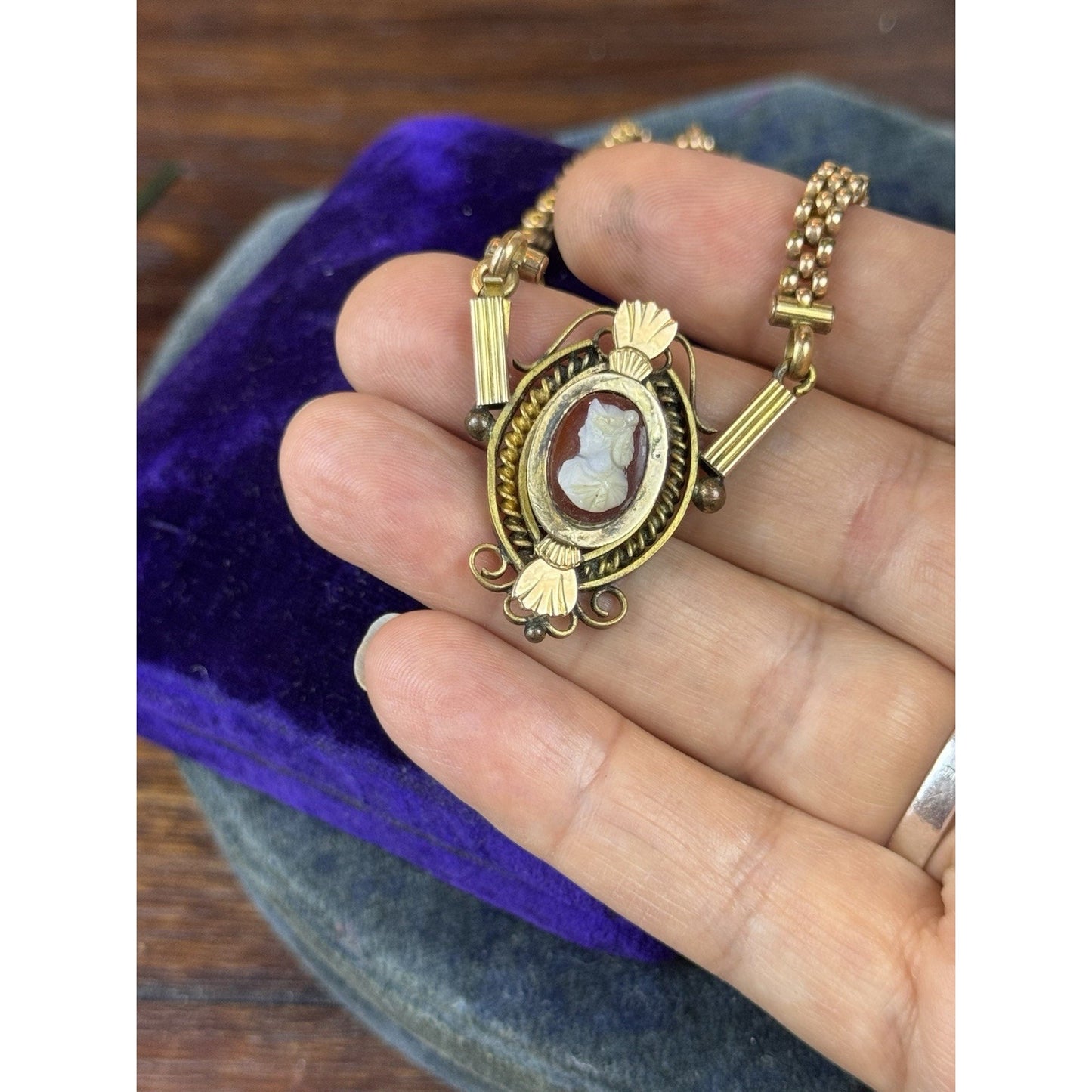 Antique Gold Filled Cameo Necklace Victorian Edwardian Ornate Filigree 18.5”