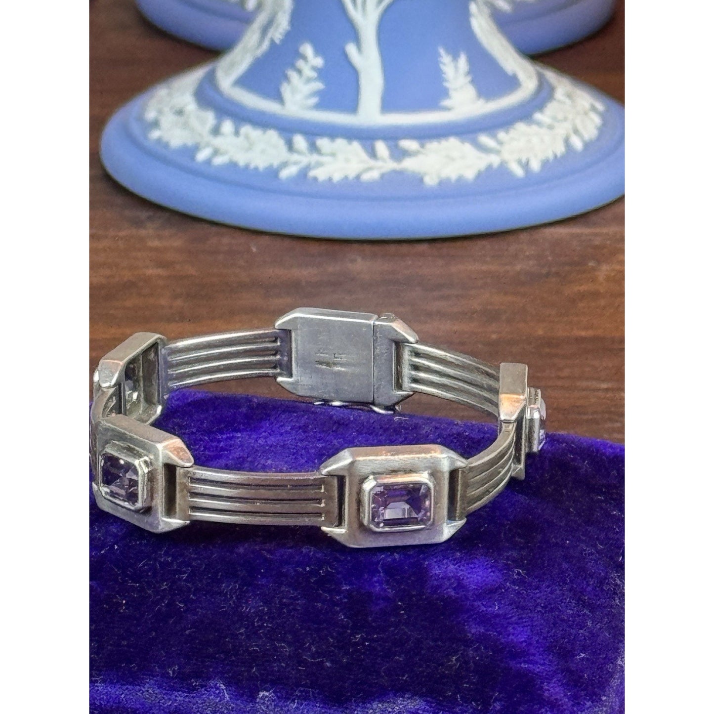 Vintage Sterling Silver Purple Stone Geometric Link Bracelet 6.5” Art Deco Style