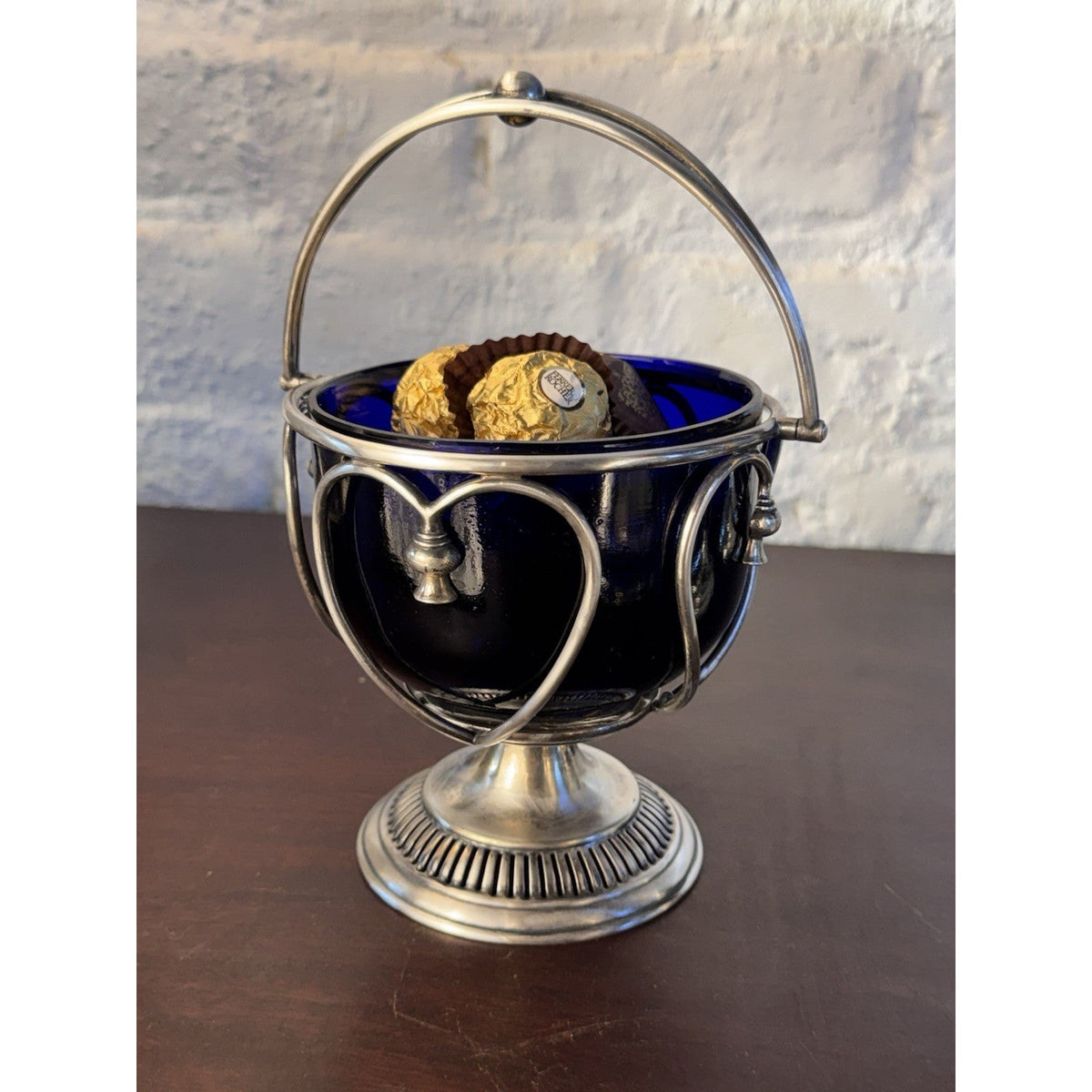 Vintage Bonbon Basket Cobalt Blue Glass Silverplate Heart Shapes Pedestal 7.5”