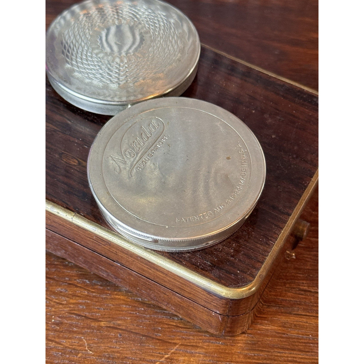 Antique Compact Norida 1924 Silvertone Powder Mirror Sifter Puff USA 2” EMPTY