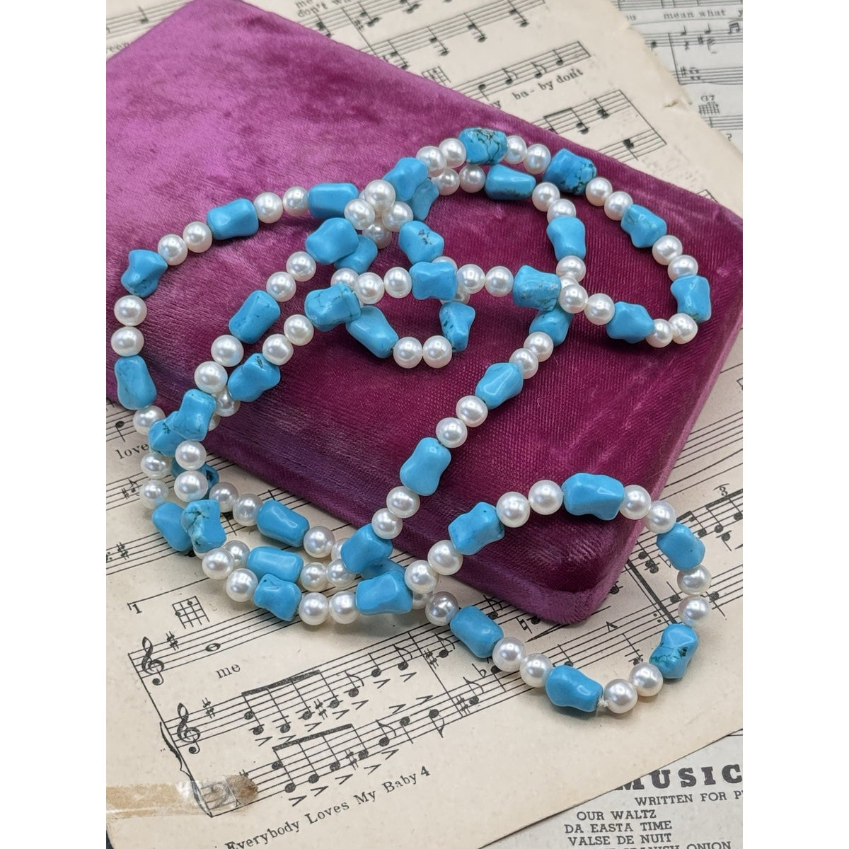 Cultured Pearl Blue/Green Stone Long Necklace 41” ESTATE FIND