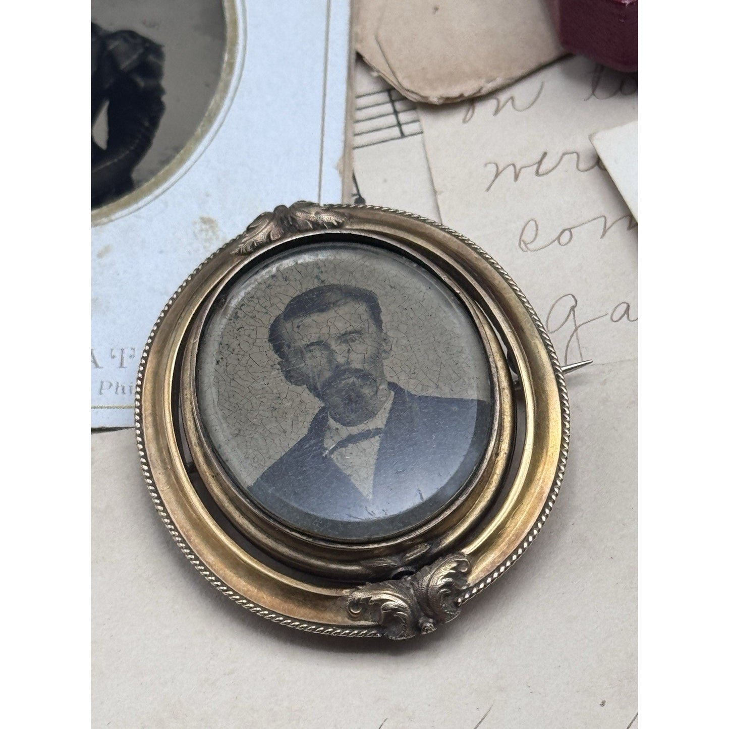 Victorian Gold Filled Mourning Brooch Swivel Hair Photo Portrait 2” ANTIQUE