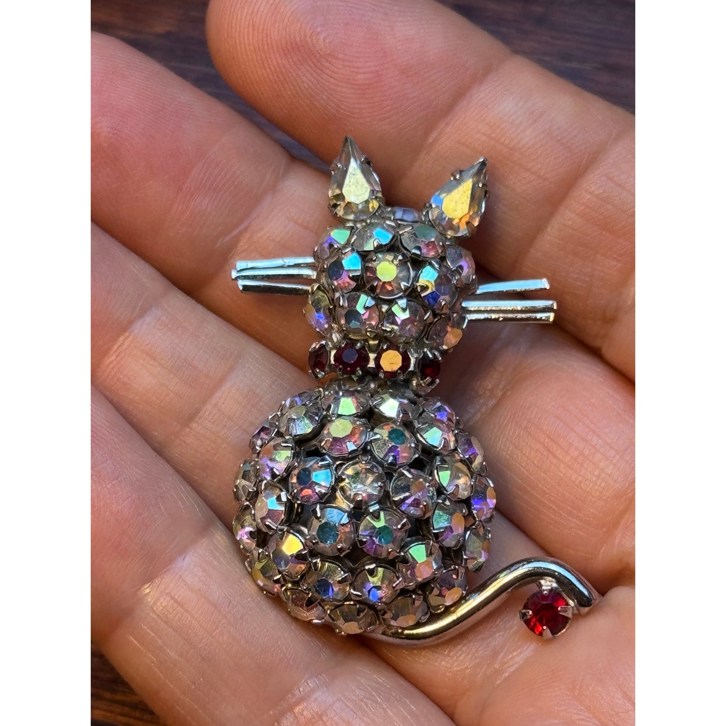 Vintage WARNER Cat Brooch AB Rhinestone Red Eyes Silvertone Figural 1.75'