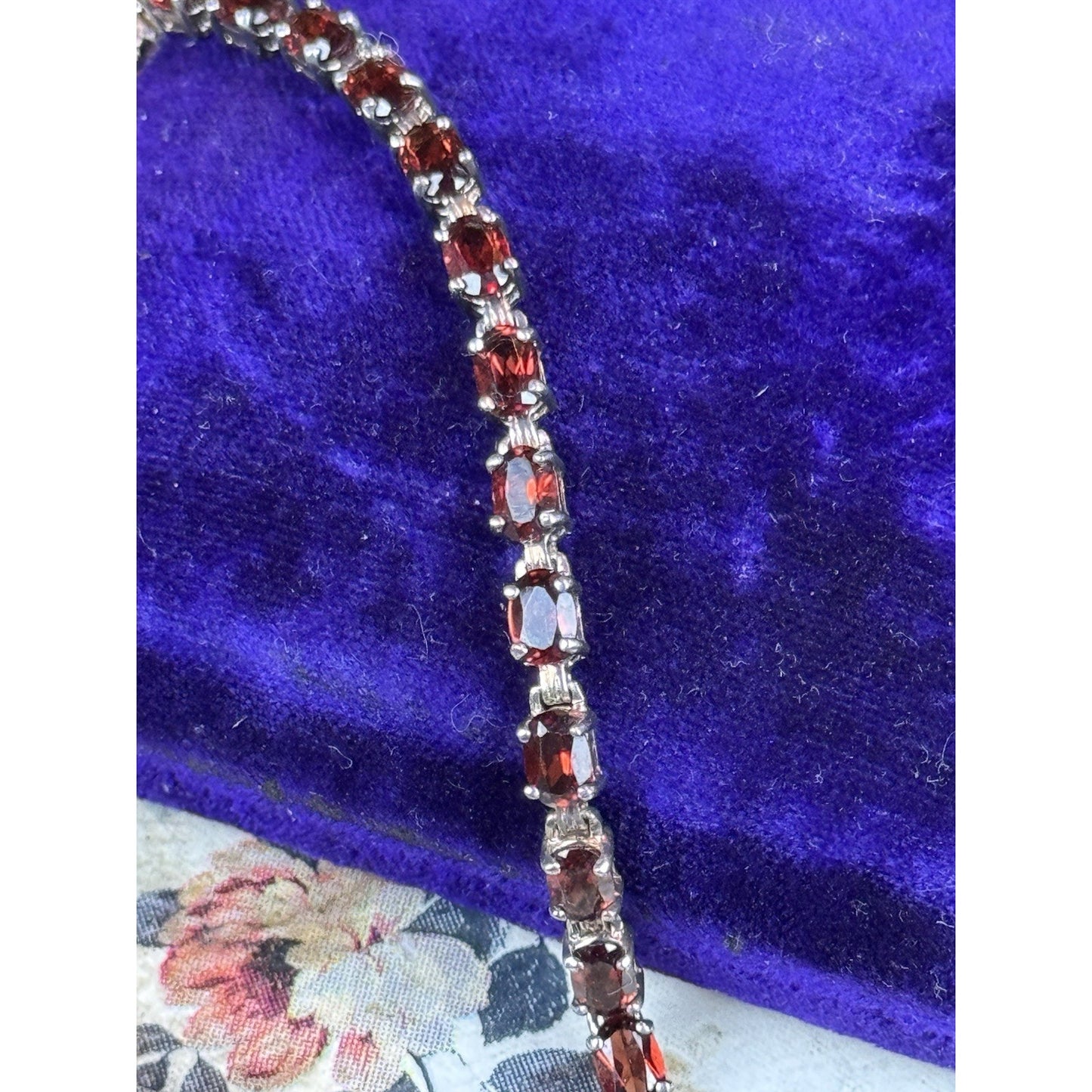 925 Sterling Silver Red Stone Tennis Bracelet Oval Stones 7”