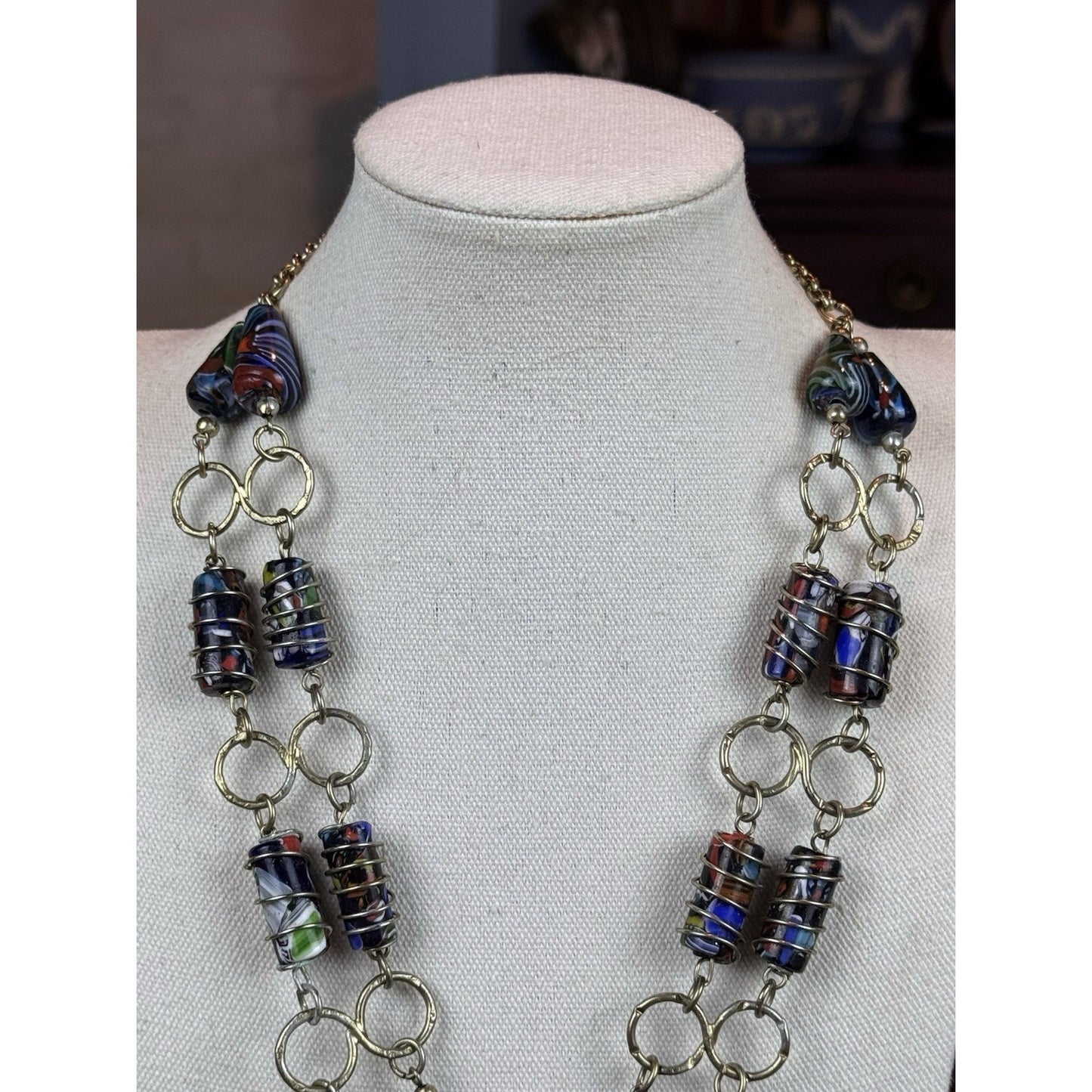 Millefiori Glass Necklace Double Strand Heart Pendant Artisan Statement 23.5”