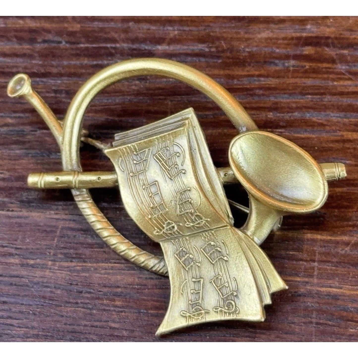 Vintage Brooch Goldtone French Horn Sheet Music Signed Old Salem 2”