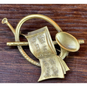 Vintage Brooch Goldtone French Horn Sheet Music Signed Old Salem 2”