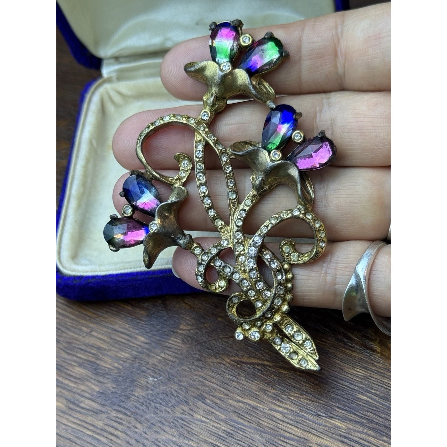 Vintage Brooch Pot Metal Floral Iris Watermelon Rhinestone Clear Paste Pin 3.75”