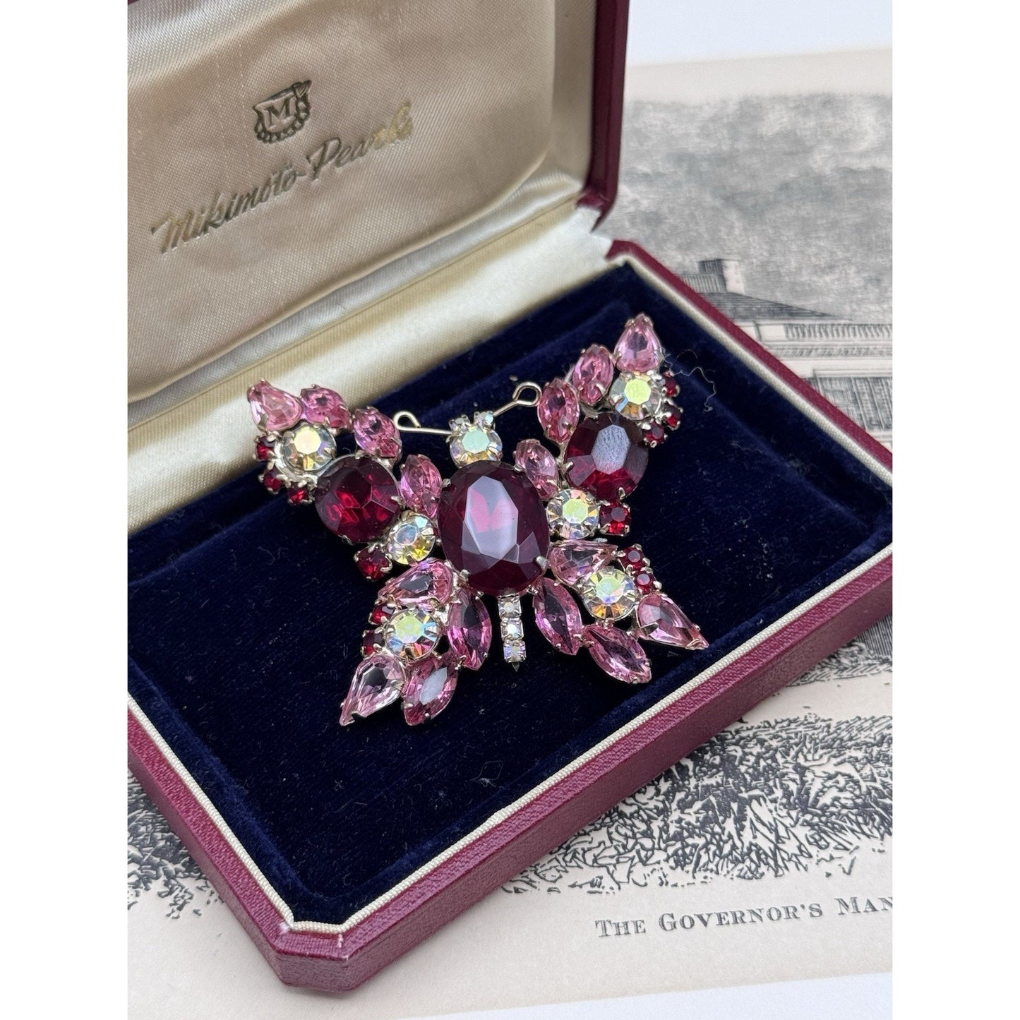 Vintage Butterfly Brooch Pink Red Rhinestone AB Crystal Goldtone Figural 2”