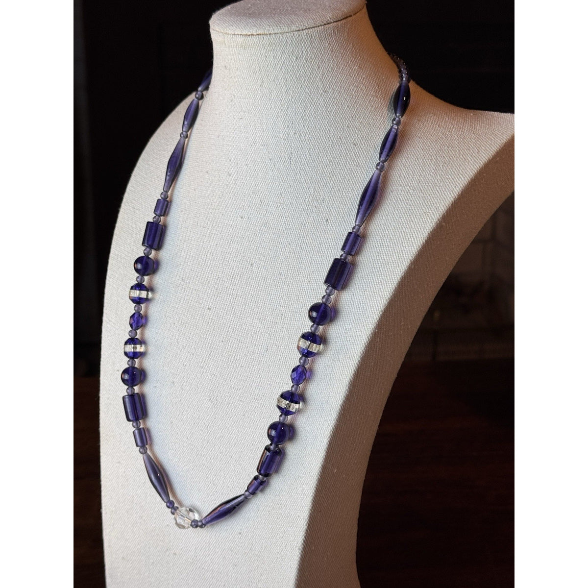 Art Deco Czech Purple Glass Crystal Bead Necklace Restrung 27.5” Vintage