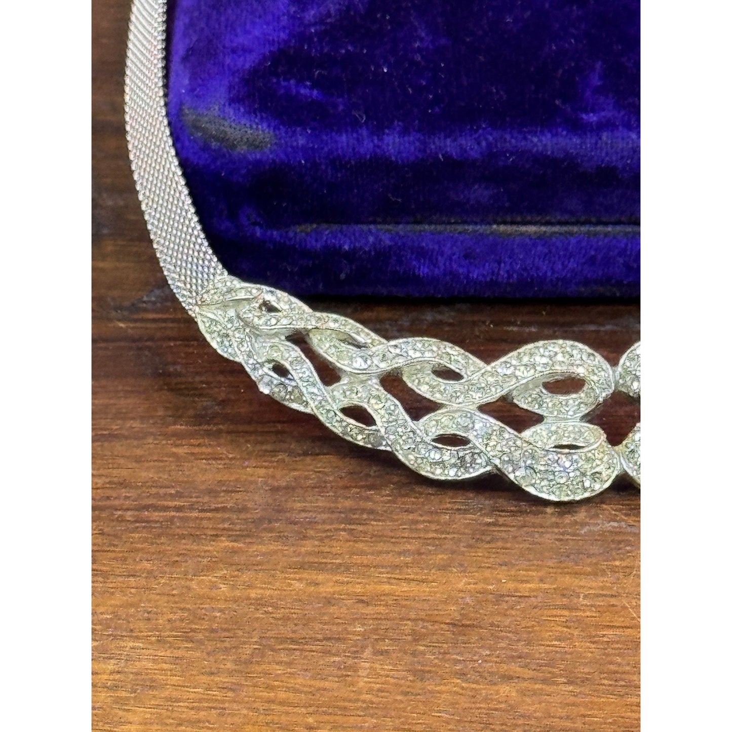 Vintage Rhinestone Collar Necklace Silvertone Mesh Art Deco Style Statement 14”