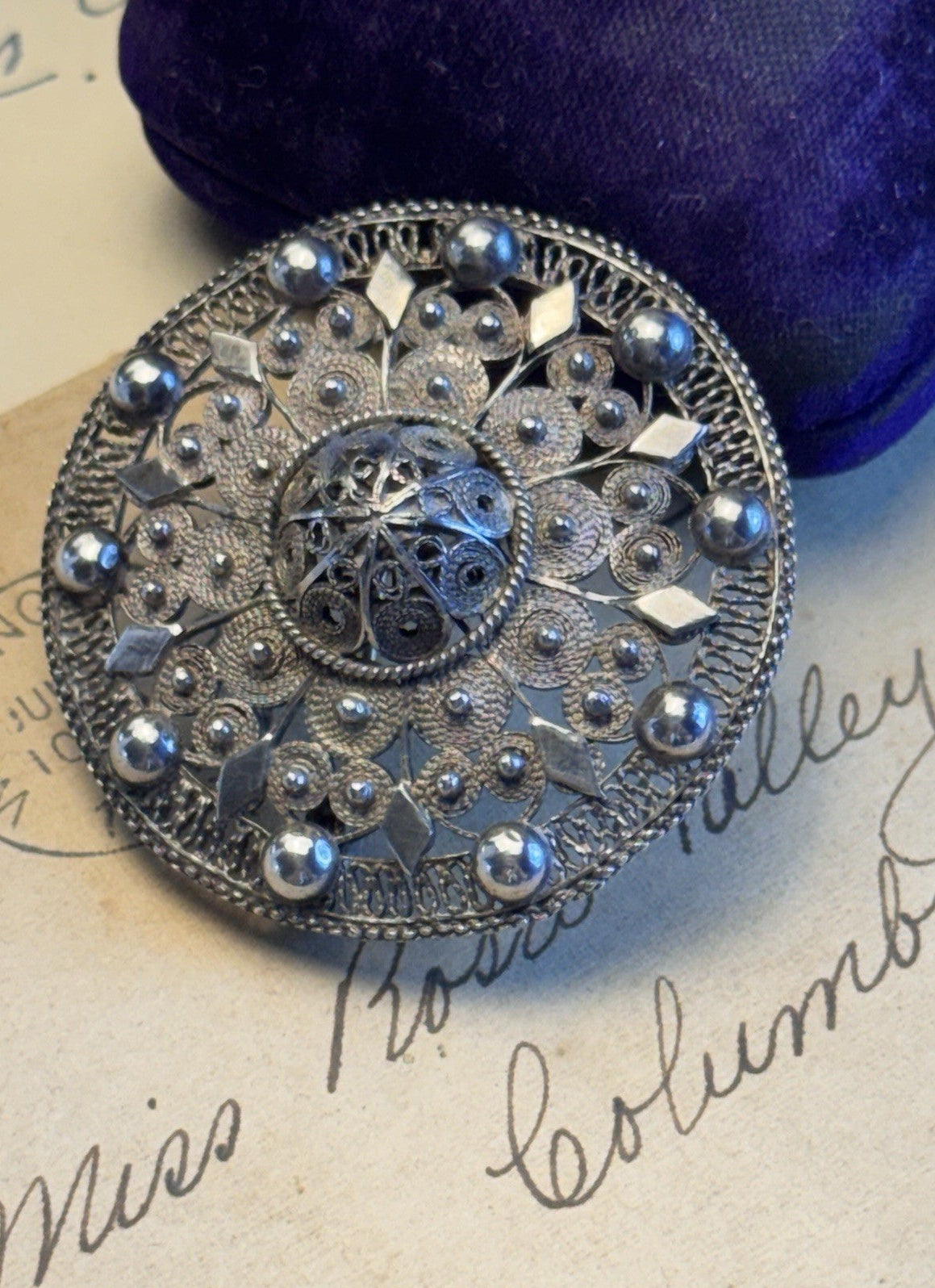 990 Silver Cannetille Filigree Brooch Antique Style Round Statement Pin 1.75"