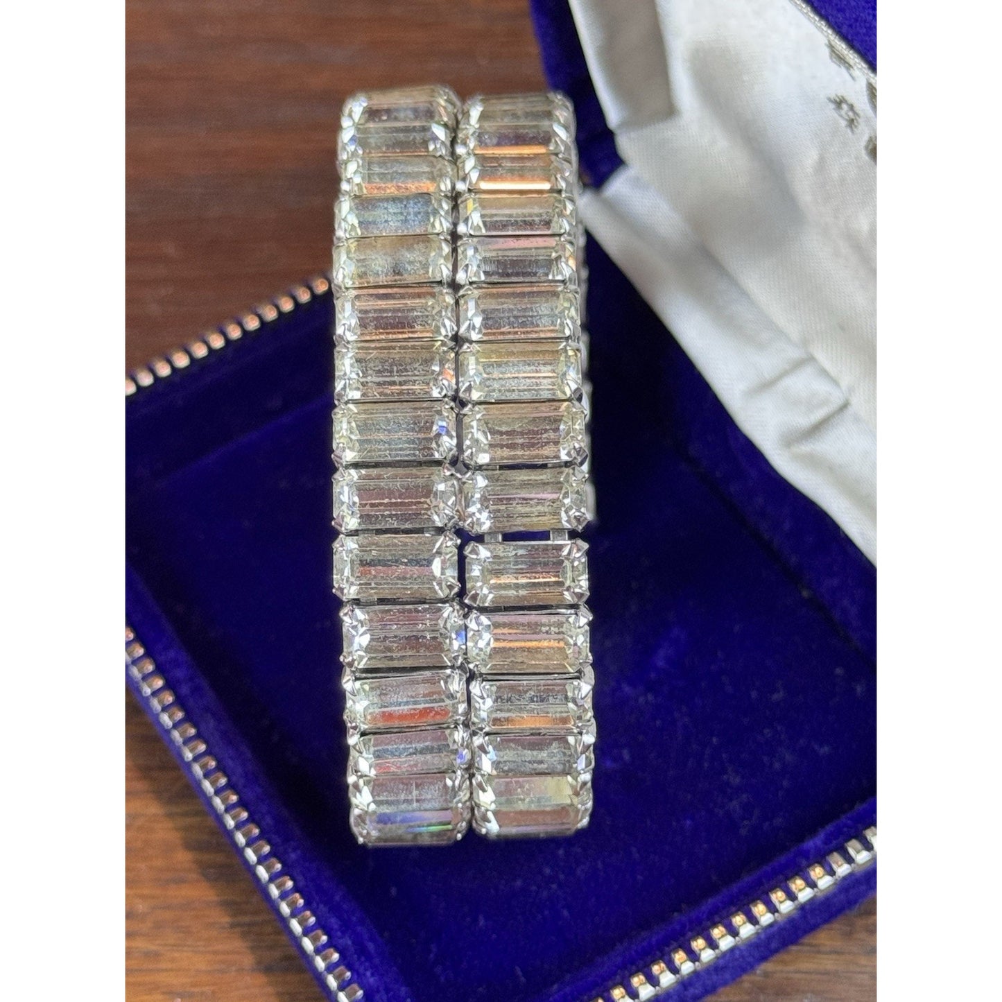 Weiss Rhinestone Cuff Bracelet Baguette Crystal Silvertone Signed 7” VINTAGE