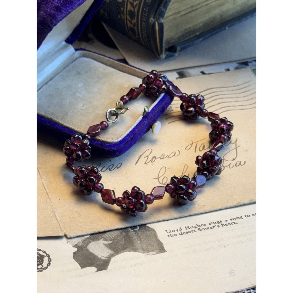 Garnet Bead Bracelet Flower Clusters Deep Red Shaped Beads 6.75”