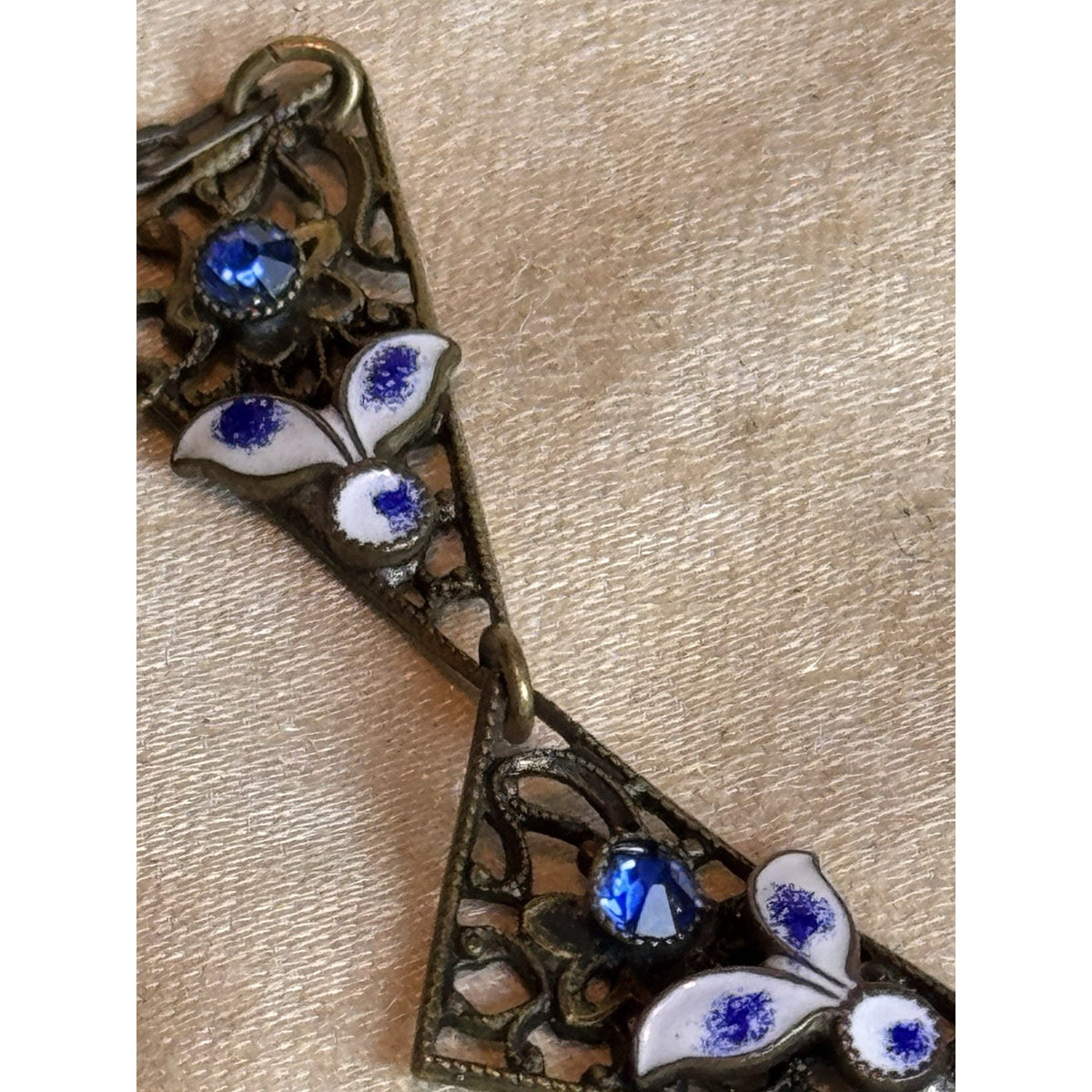 Antique Czech Necklace Blue Glass Enamel Brass Filigree Art Deco 15.5” L
