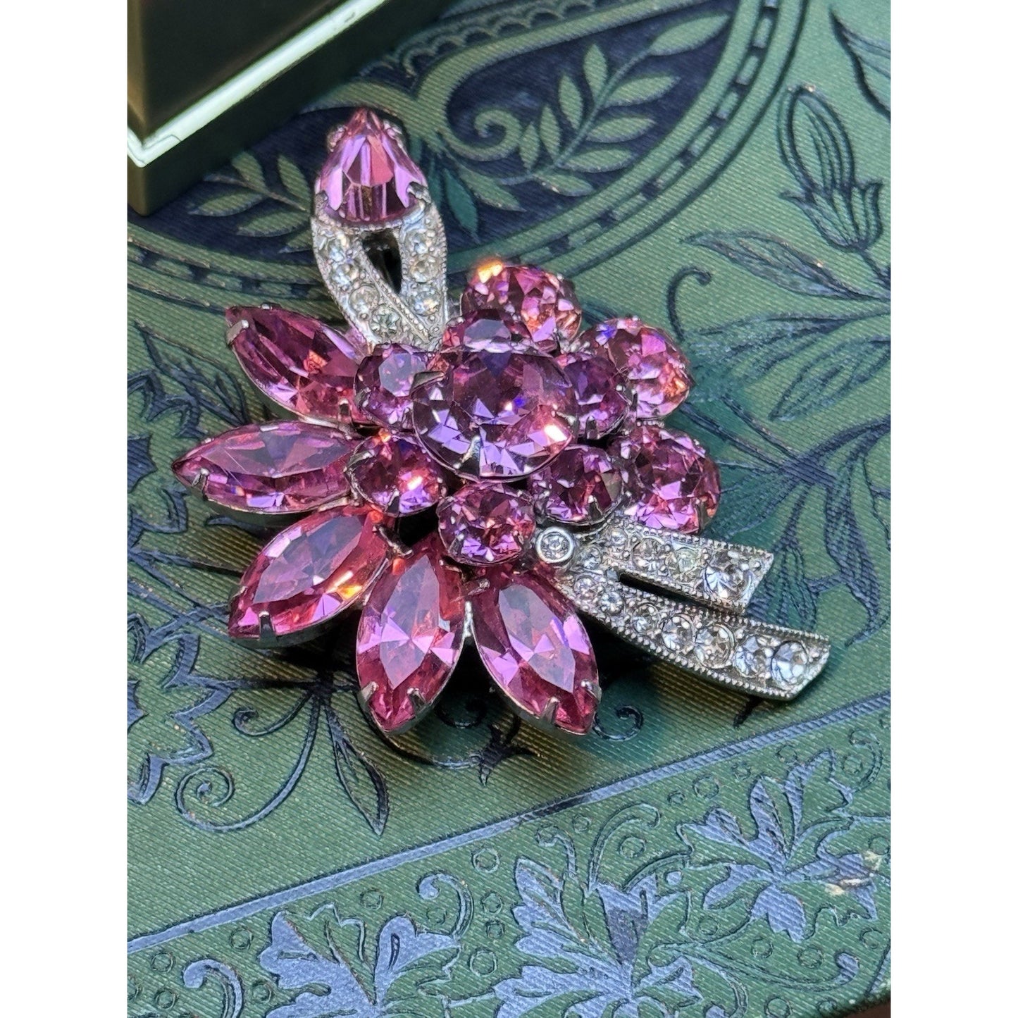 Eisenberg Ice Pink Rhinestone Floral Brooch Silver Tone Vintage Signed 2.5”