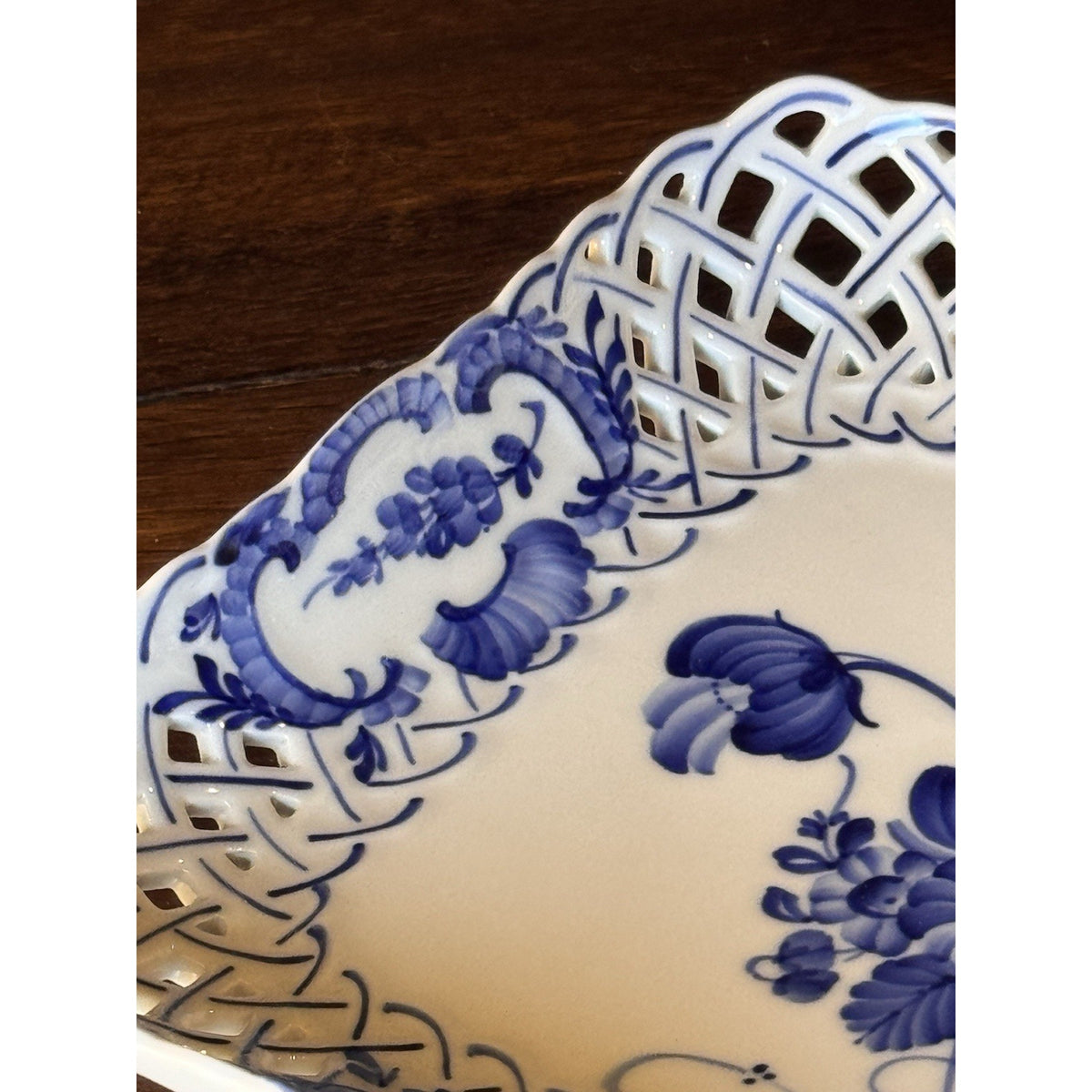 Royal Copenhagen Porcelain Reticulated Blue White Square Bowl 9.25” VINTAGE