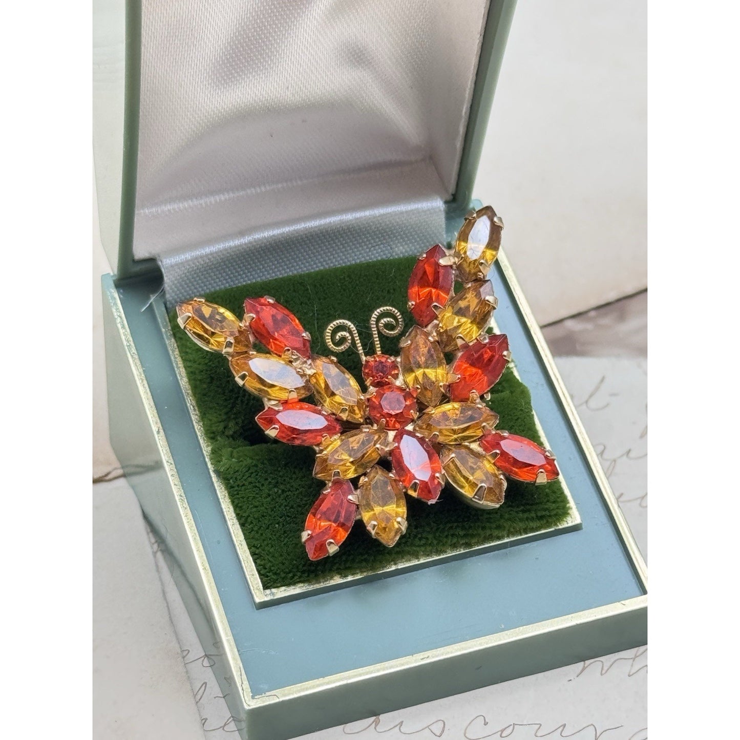 Park Lane Butterfly Brooch Rhinestone Burnt Orange Gold Signed 1.5” VINTAGE