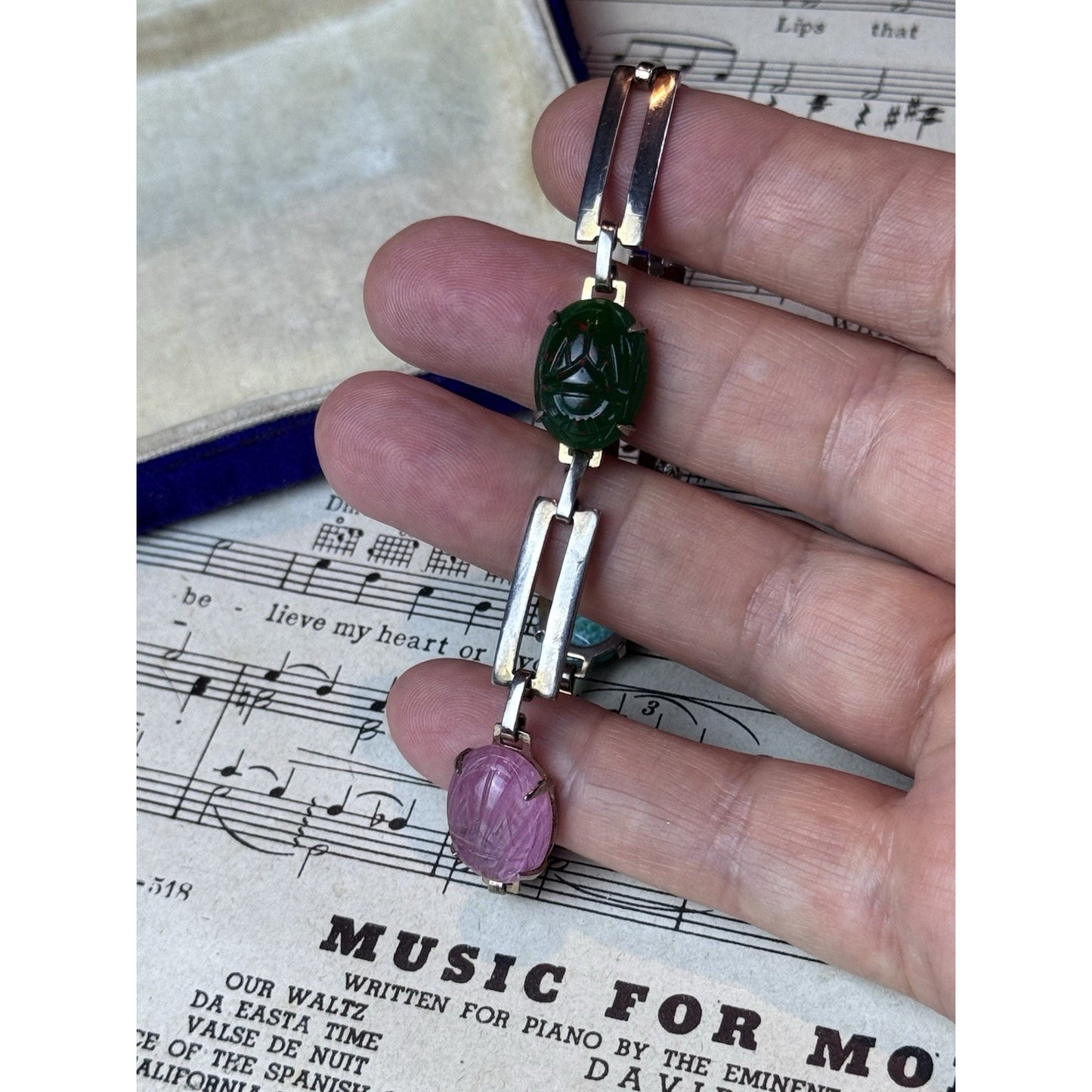 Vintage Silvertone Glass Scarab Bracelet Egyptian Revival 7.5” Pink Green Blue
