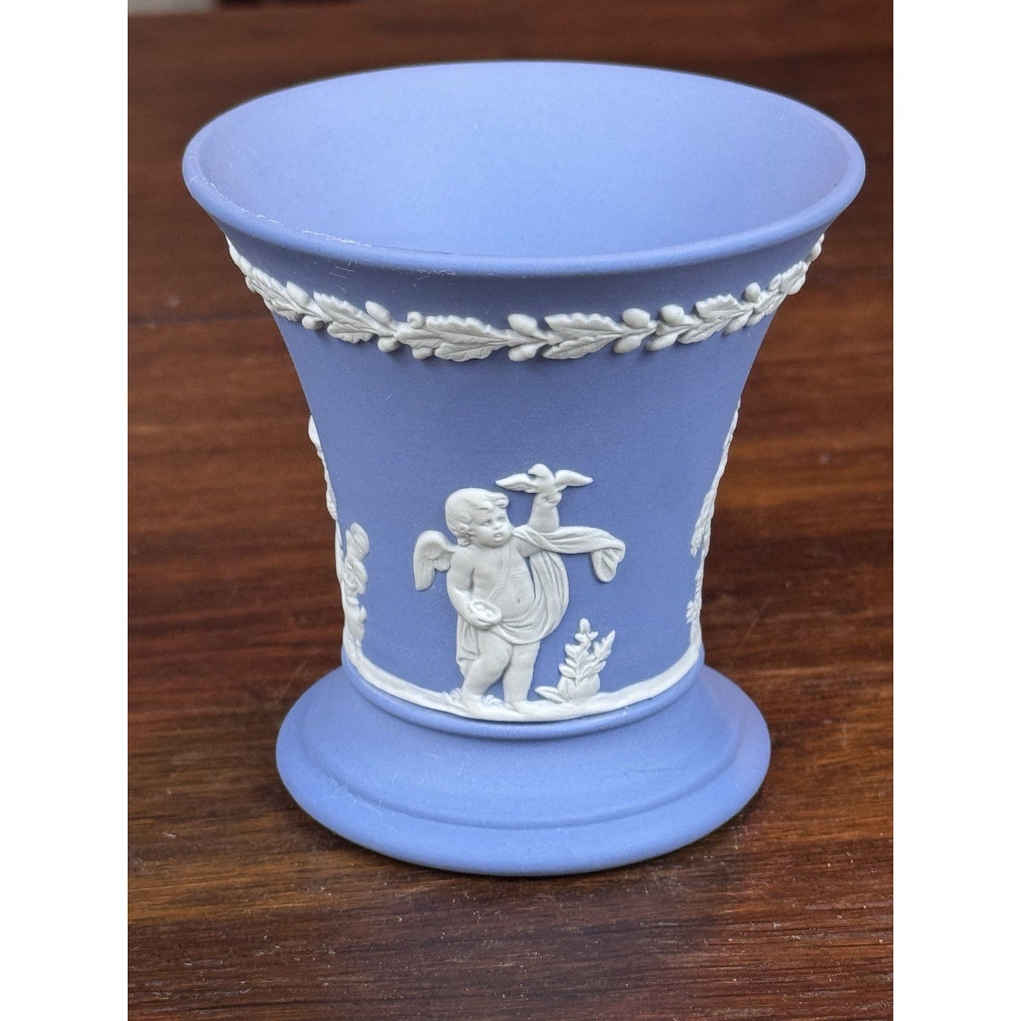 Vintage Wedgwood Blue Jasperware Small Vase Cherubs Putti Classical 3.5”