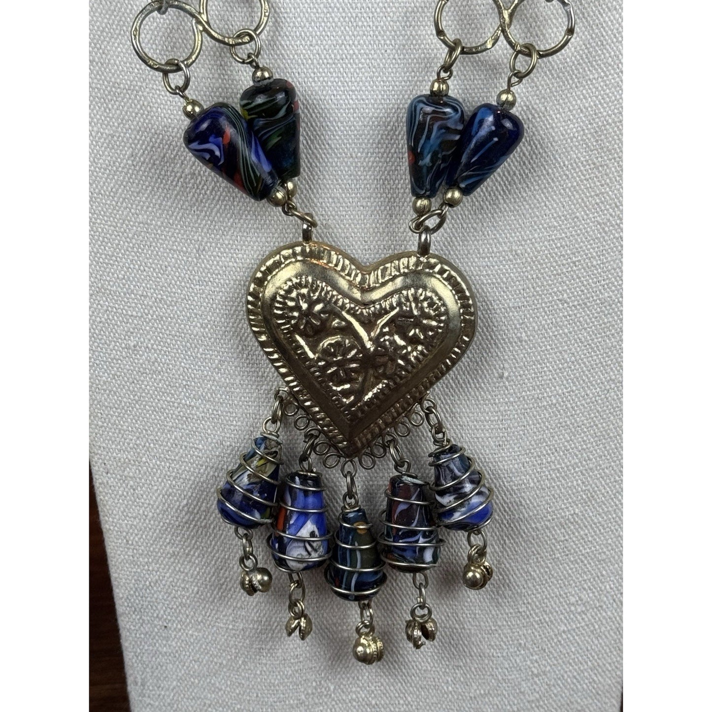Millefiori Glass Necklace Double Strand Heart Pendant Artisan Statement 23.5”