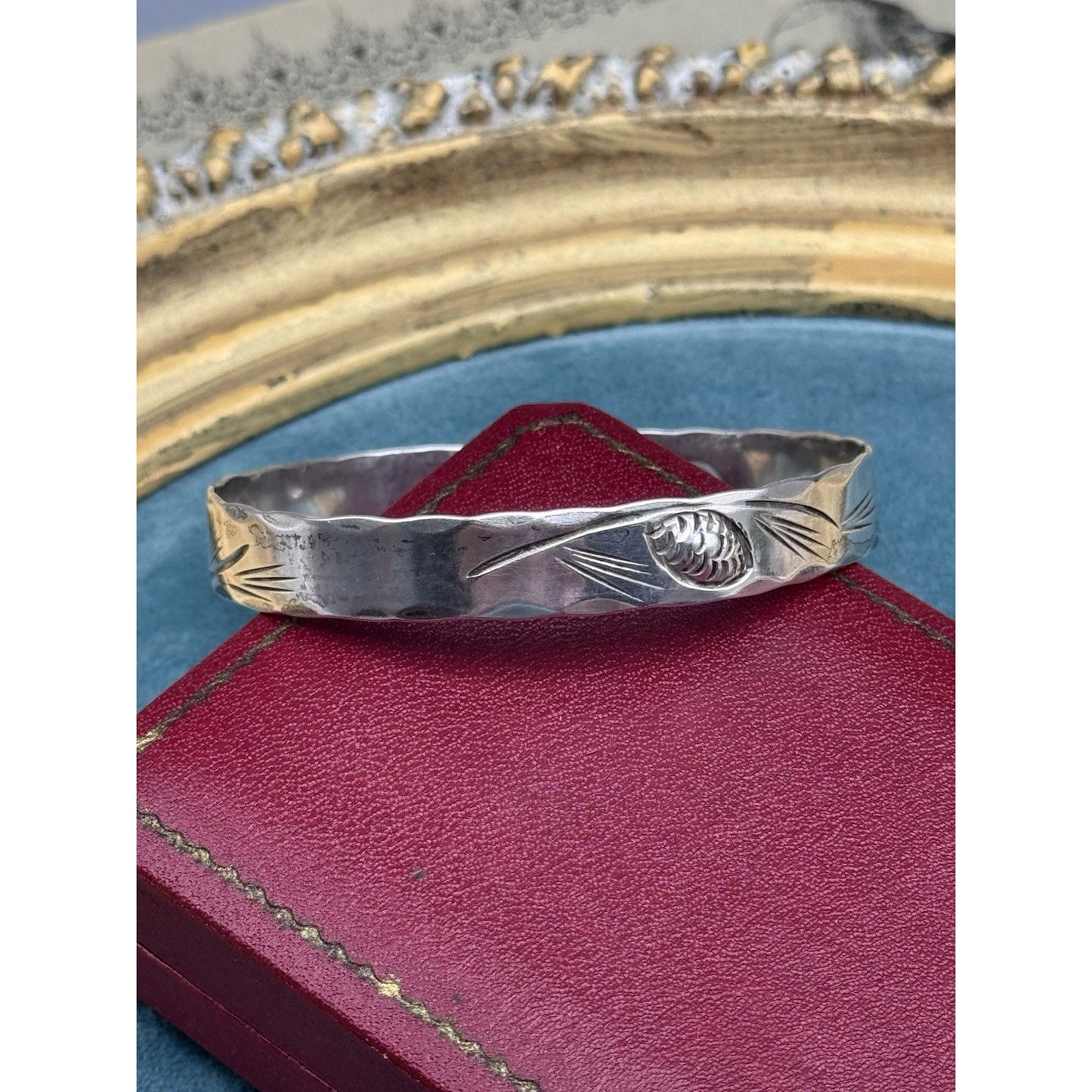 NYE Sterling Bangle Bracelet Pinecone Engraved 7.75” VINTAGE