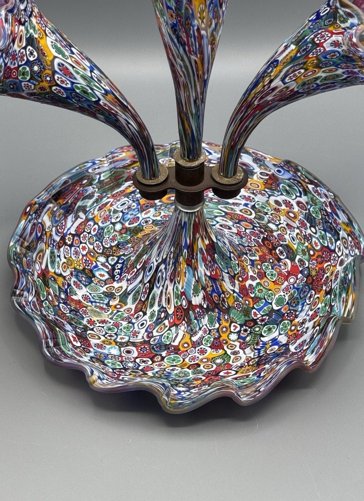 Murano Millefiori Epergne Art Glass 3 Horn Centerpiece Vase 1860 Cane 11.5”