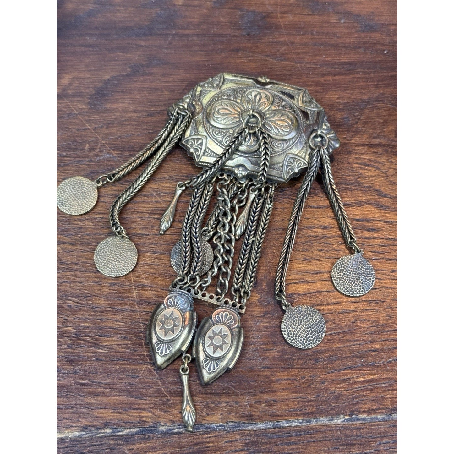 Vintage Chatelaine Brooch Brass Tone Ornate Victorian Revival Dangle Tassel