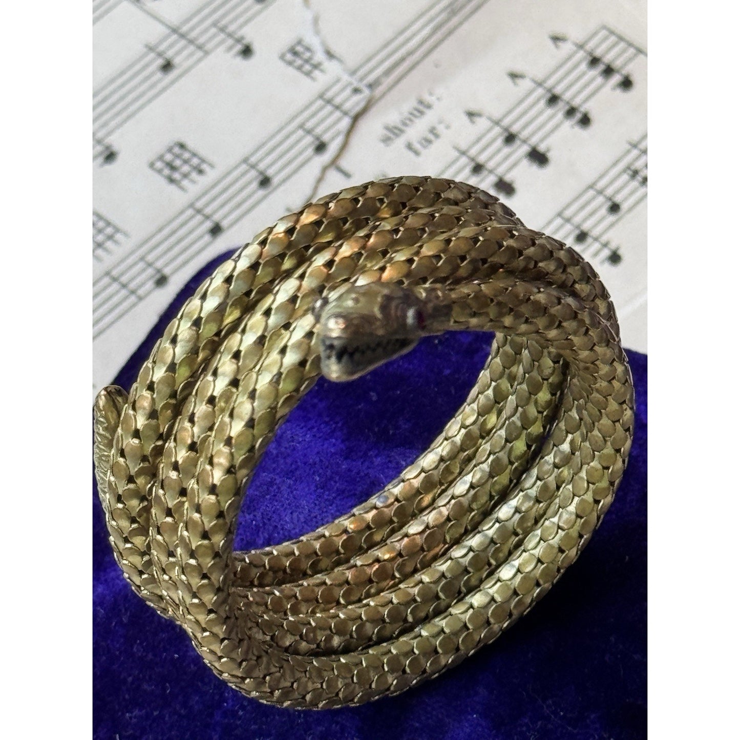 Snake Coil Bracelet Victorian STYLE Goldtone Red Glass Eyes 6.25” x 1”