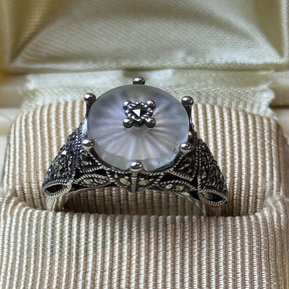 Sterling Silver Camphor Glass Marcasite Ring Size 6.75 Art Deco Style