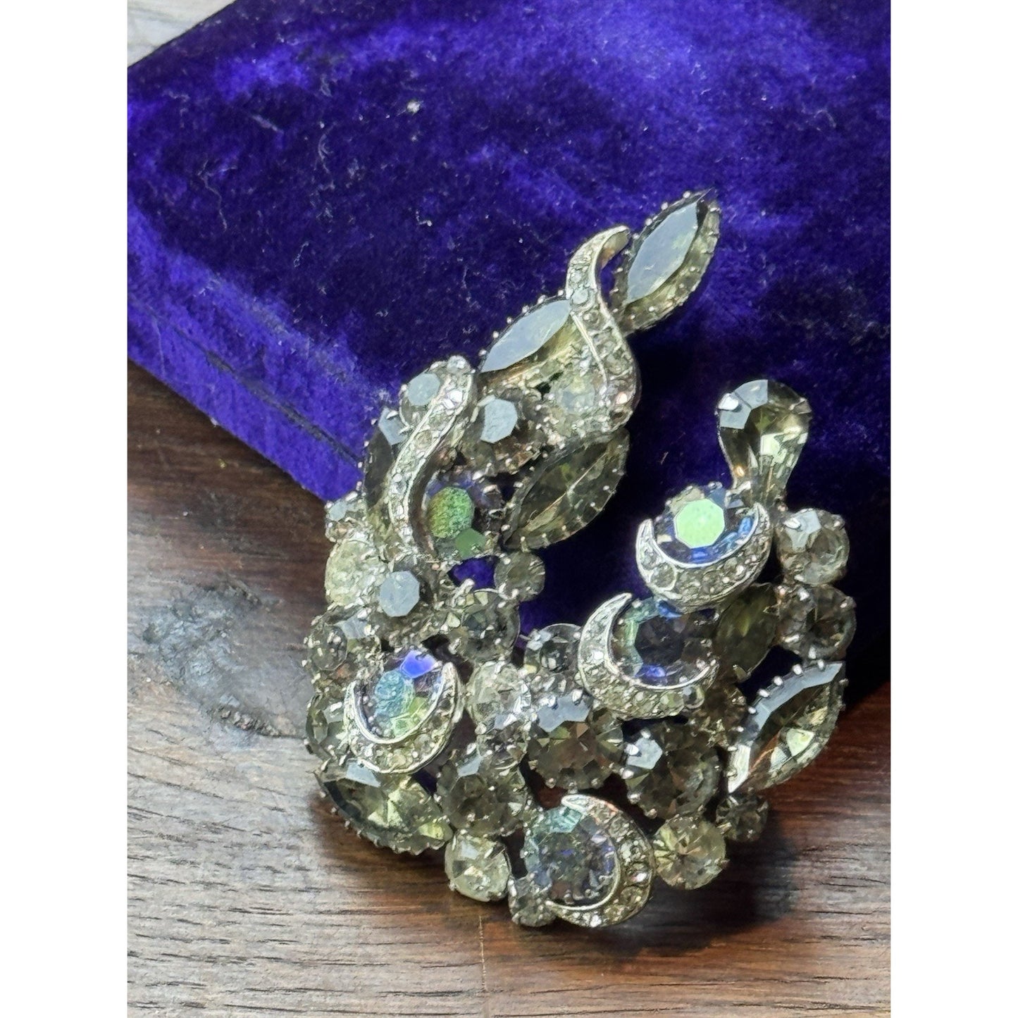Vintage Rhinestone Brooch 2.5” Smoky Gray Aurora Borealis Crescent Statement