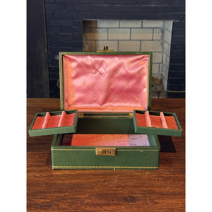 Vintage Green Jewelry Box Gold Scrollwork Pink Velvet Swing Trays 10.25”