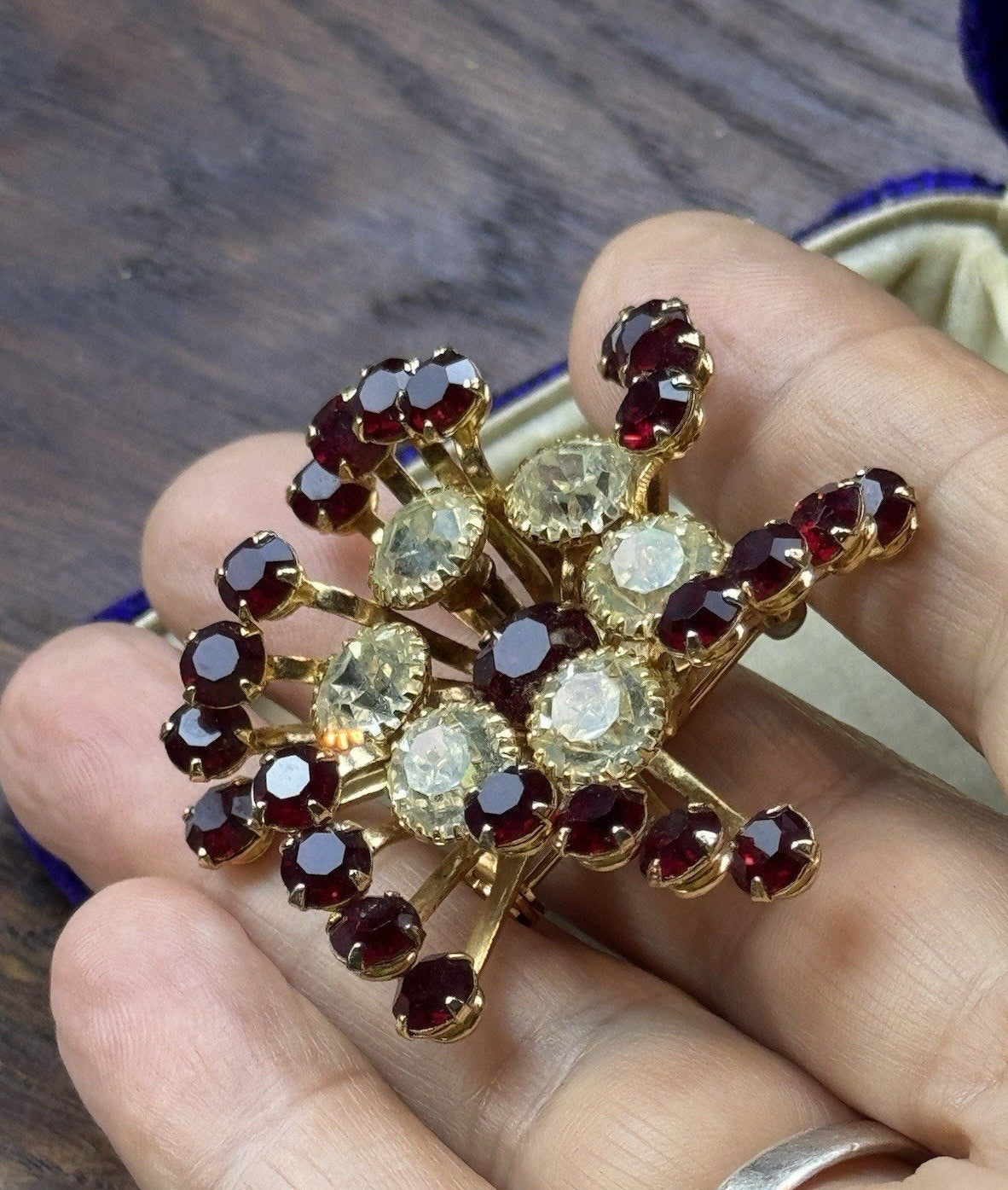 Vintage Brooch 2” Red Clear Rhinestone Goldtone Atomic Starburst Statement Pin