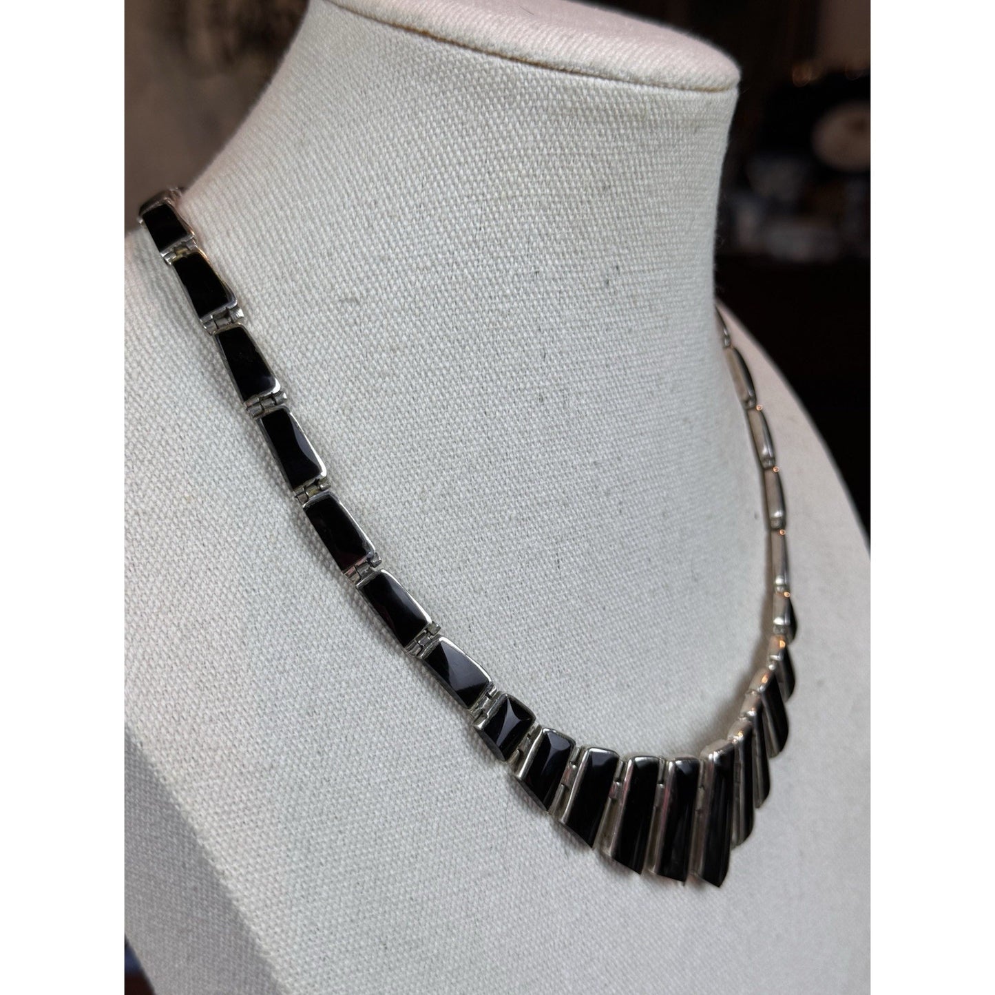 Vintage 950 Silver Necklace Taxco Mexico TD-107 Black Onyx Modernist 18”