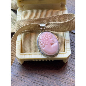 Sterling Silver Pink Cameo Pendant 1” Hand Carved Italy Artist Signed 925