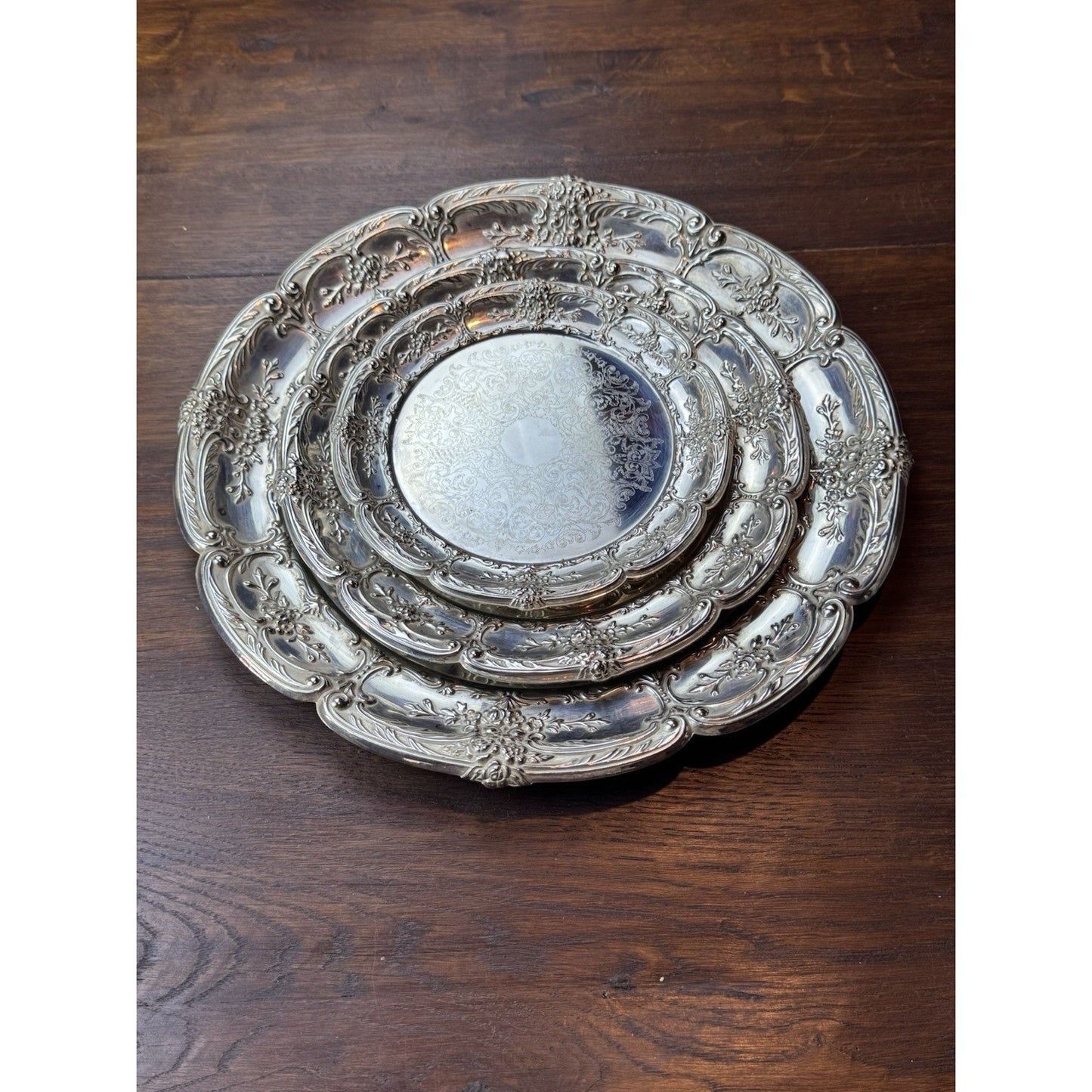 Silverplate Trays Set of 3 Leonard Repoussé Floral 14.5” 10.5” 8” VINTAGE
