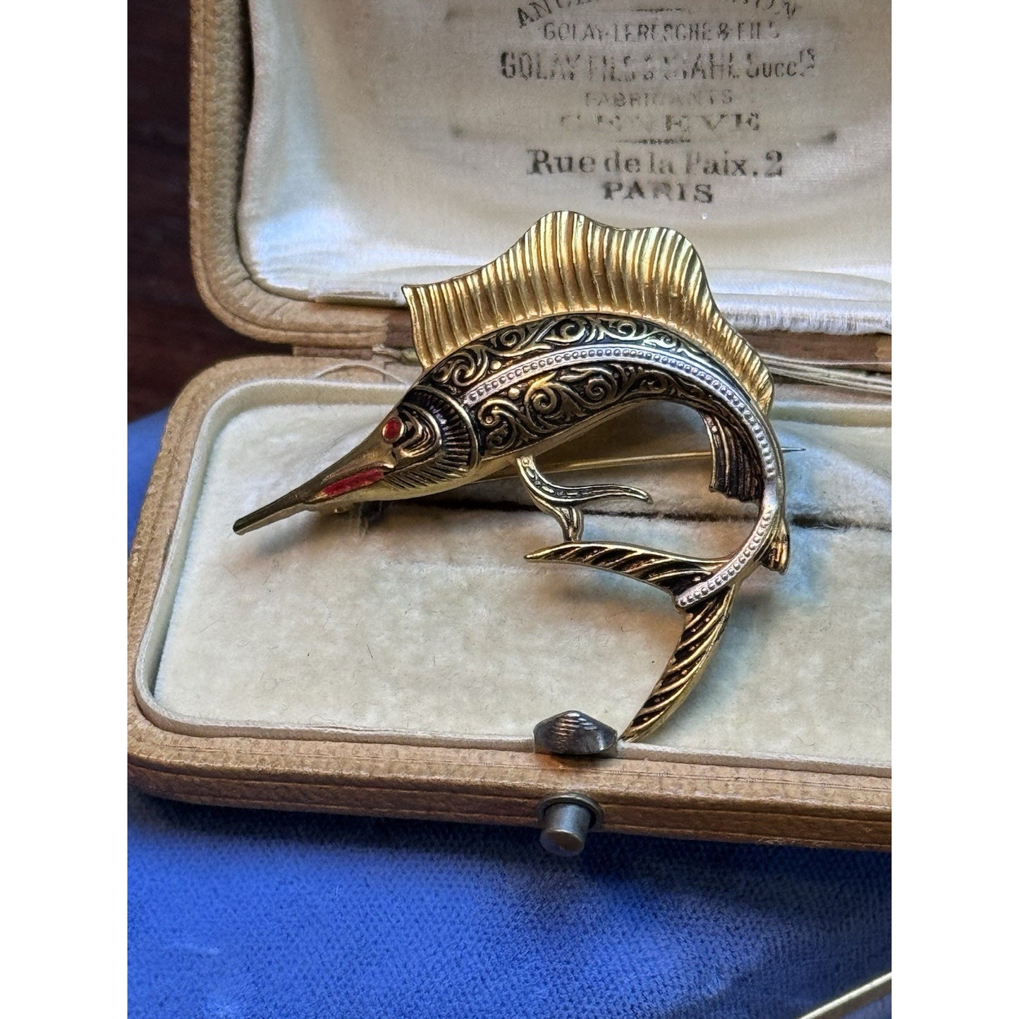 Goldtone Spain Damascene Brooch Pin Enamel Swordfish Marlin Vintage