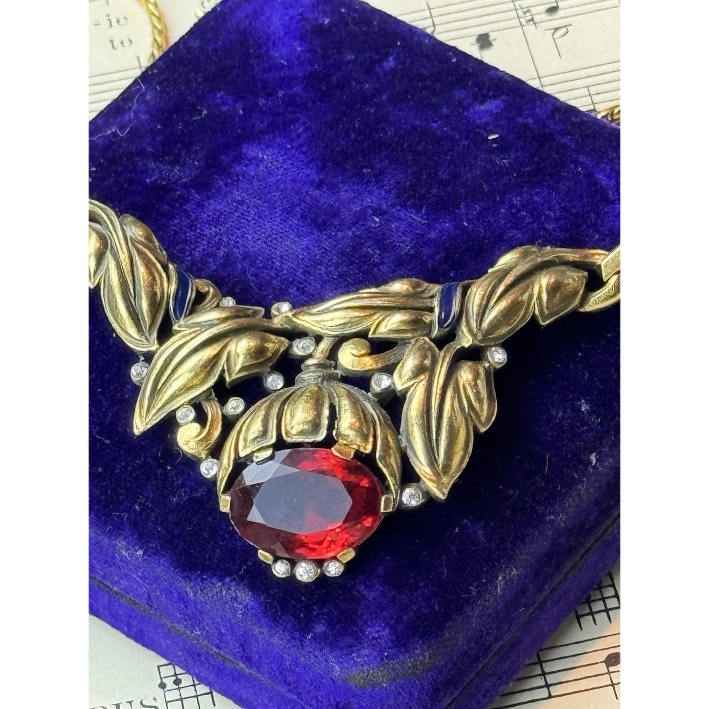 Vintage Trifari Alfred Philippe Bell Flowers Necklace Ruby Red Glass 16.5”
