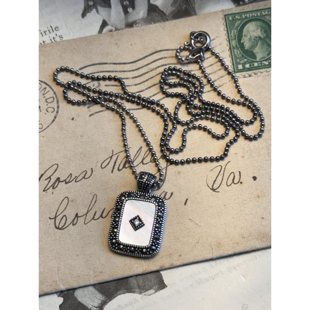 925 Sterling Silver Mother Of Pearl Marcasite Pendant Necklace 23” Ball Chain 1”