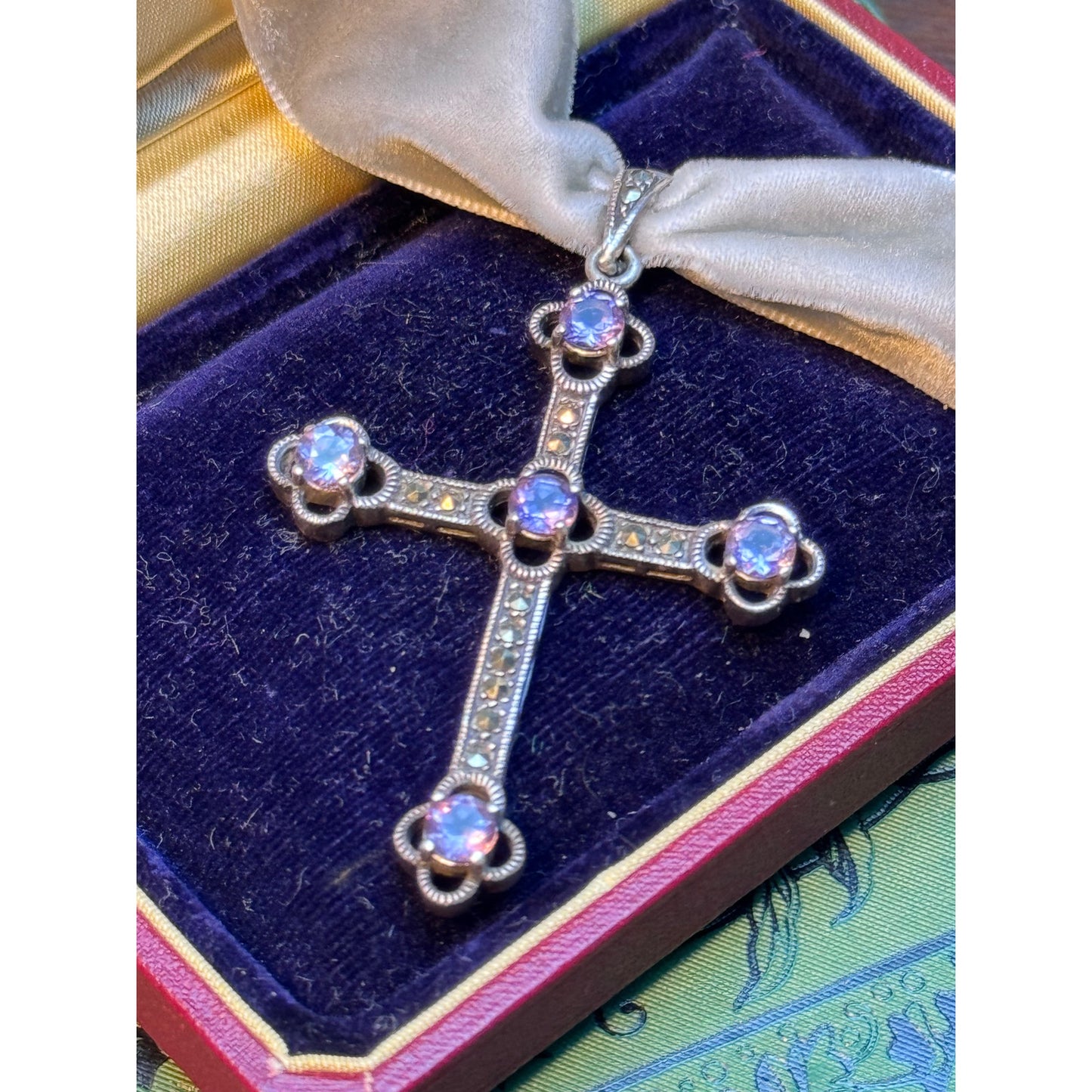 Antique Style Cross Pendant Marcasite Purple Glass Rhinestone Silver Tone 2"