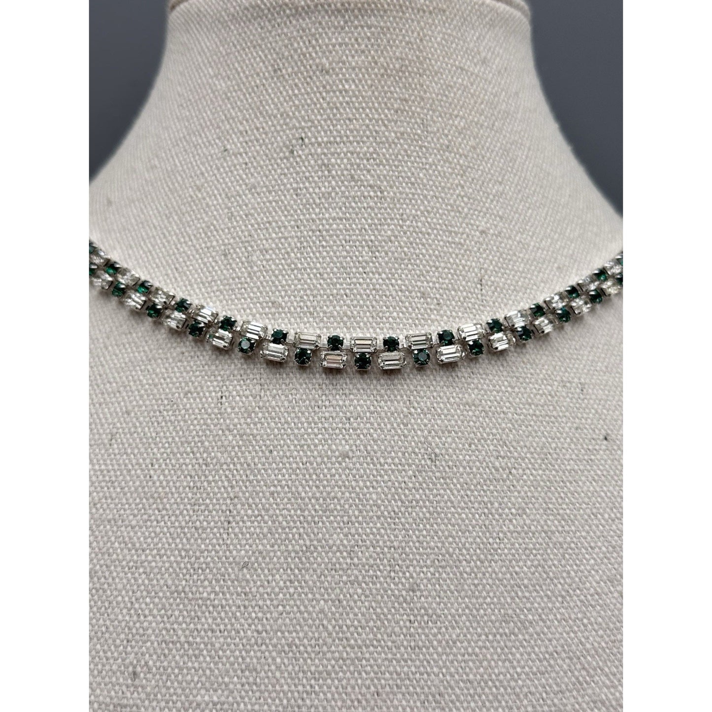 Schoffel Austria Necklace Green Clear Rhinestone Signed Vintage 15.5”
