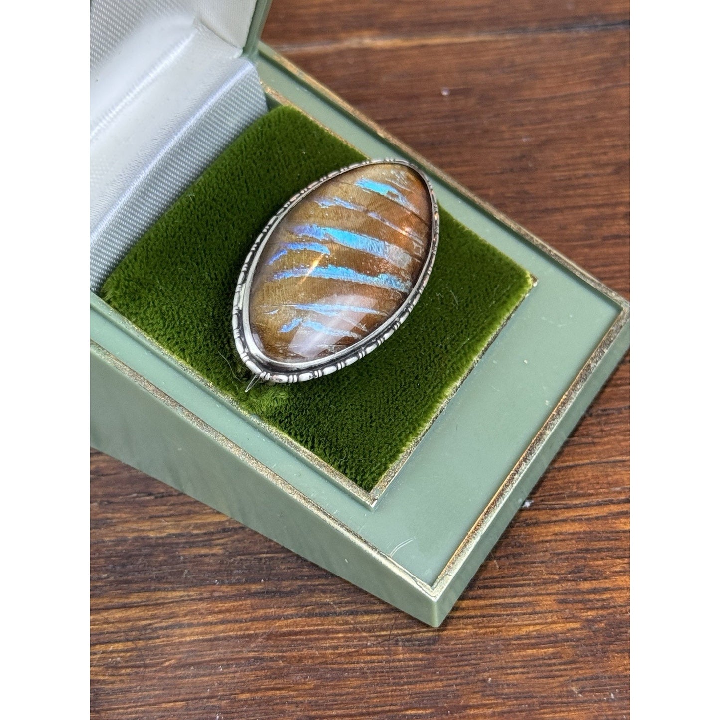 Vintage Sterling Morpho Butterfly Wing Brooch England 1.75” Iridescent