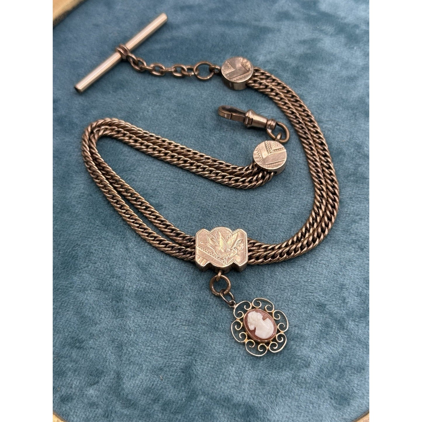 Antique Gold Filled Albert Watch Chain Cameo Fob T Bar 12” Victorian