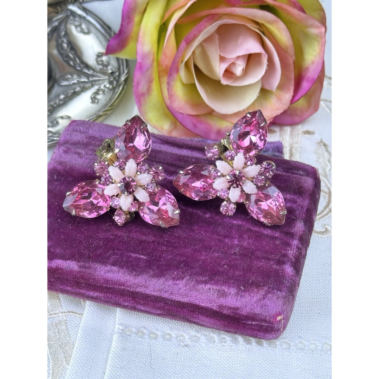 Vintage Earrings Pink Rhinestone & Molded Glass Floral Clip-On