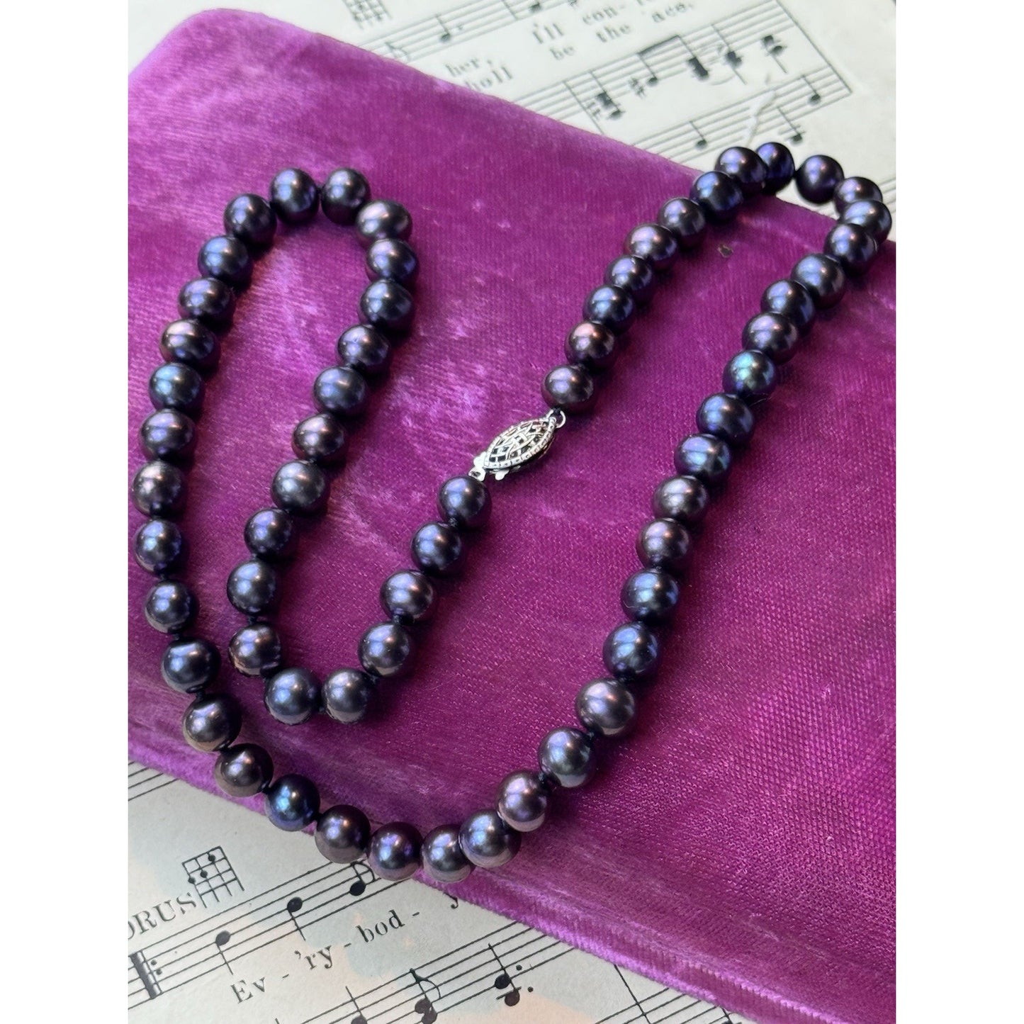 Purple Cultured Pearl Necklace Sterling Silver Clasp 20” 7mm Vintage Jewelry