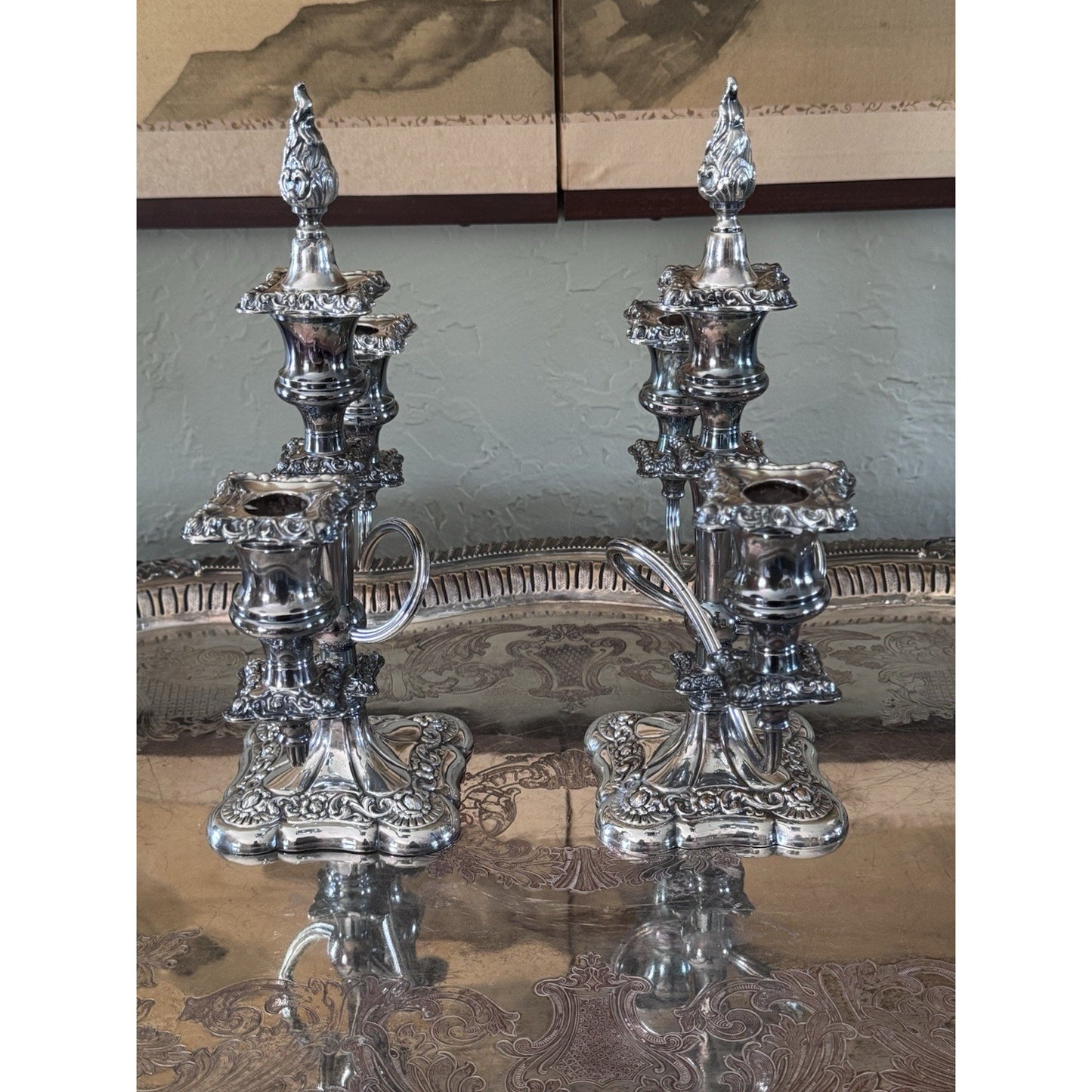 Antique Style Repousse Candelabra Pair Silverplate 3 Light W Snuffers 11”