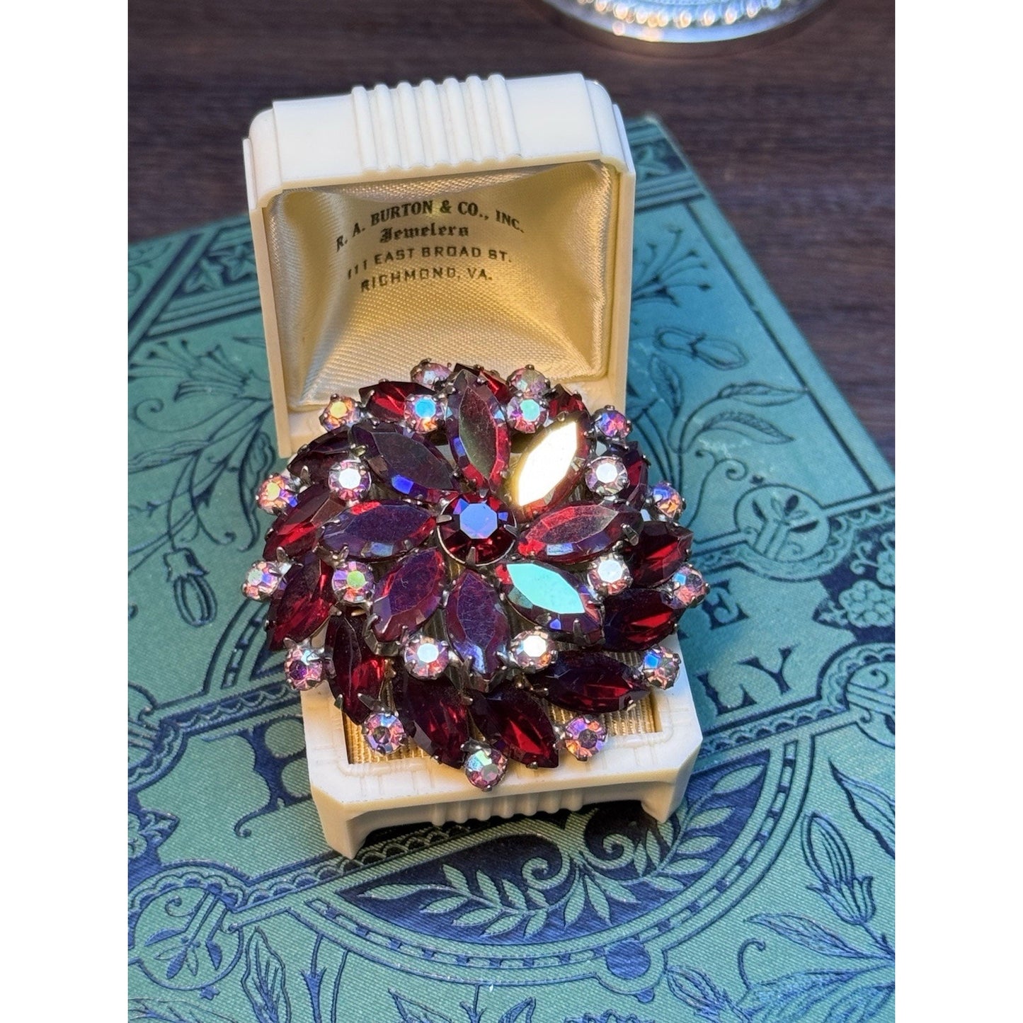 Vintage Garné Brooch Pin Jewelry Red AB Rhinestone Statement Floral Design 2”